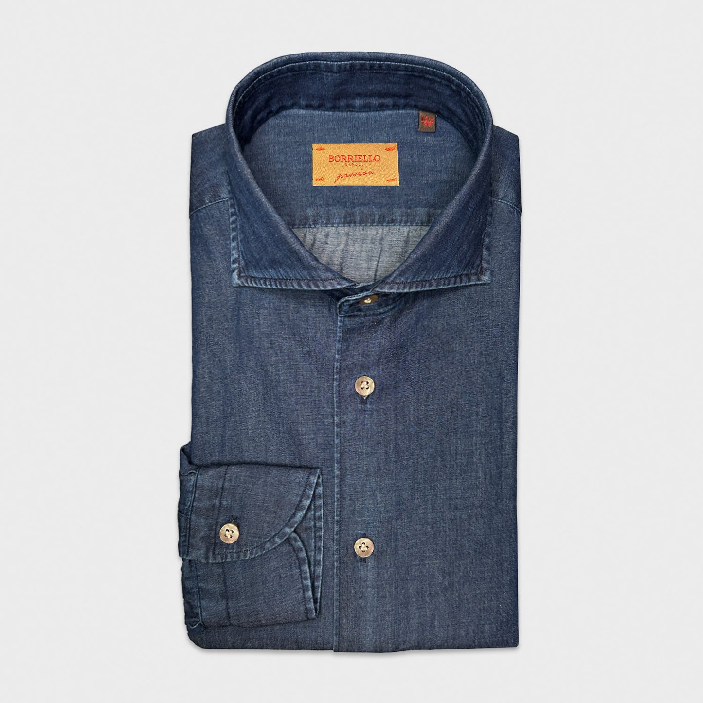 Dark Blue Classic Denim Shirt Borriello Napoli . Men's classic denim shirt with soft cotton denim, collar with splints removable, uniform washing effect, store for men's jeans shirts geneva switzerland dark blue color