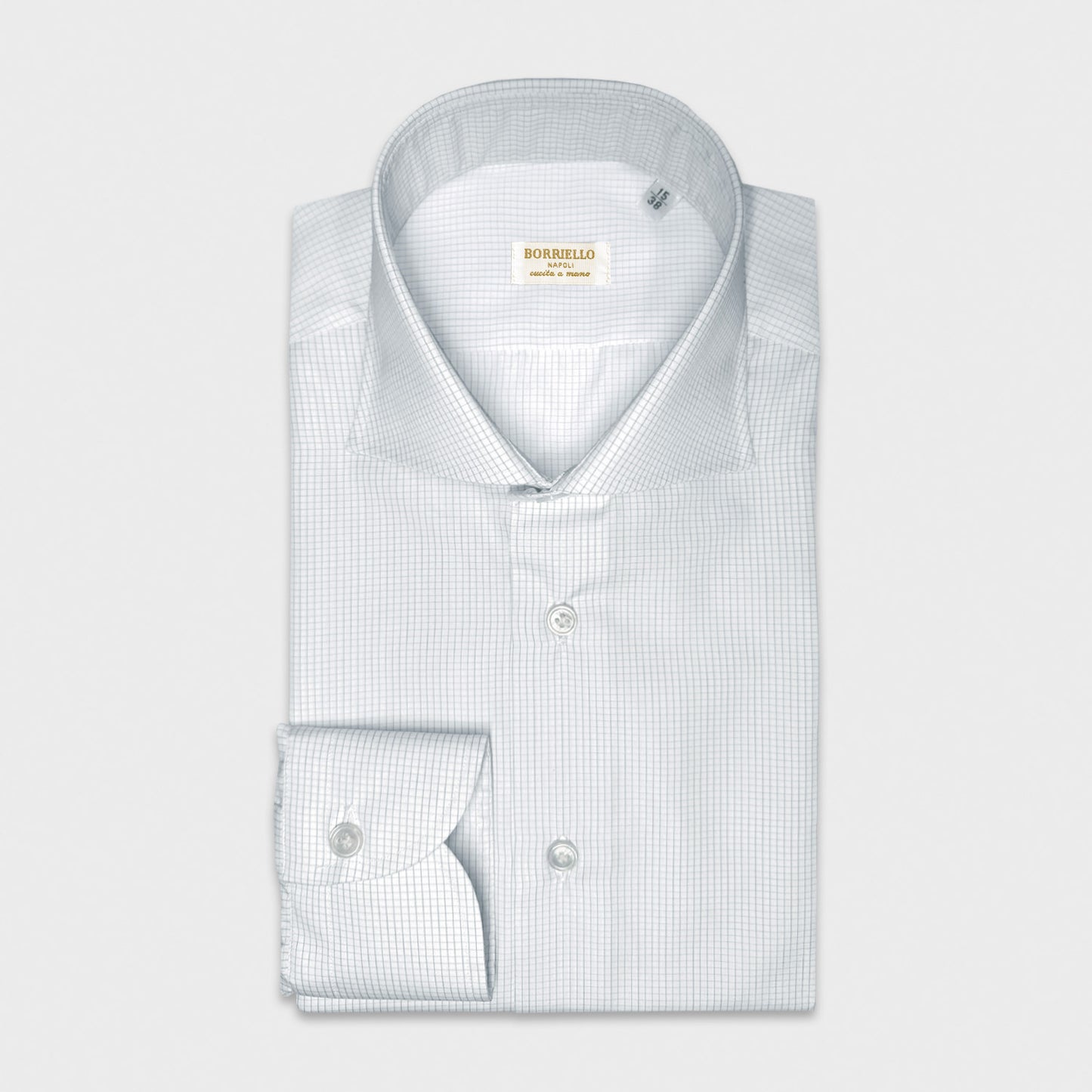 Light Blue Classic Micro Checked Shirt White Poplin Cotton. Classic checked shirt, made with 100/2 double twisted poplin cotton, classic poplin check shirt Borriello Napoli exclusive for Wools Boutique Uomo Genève