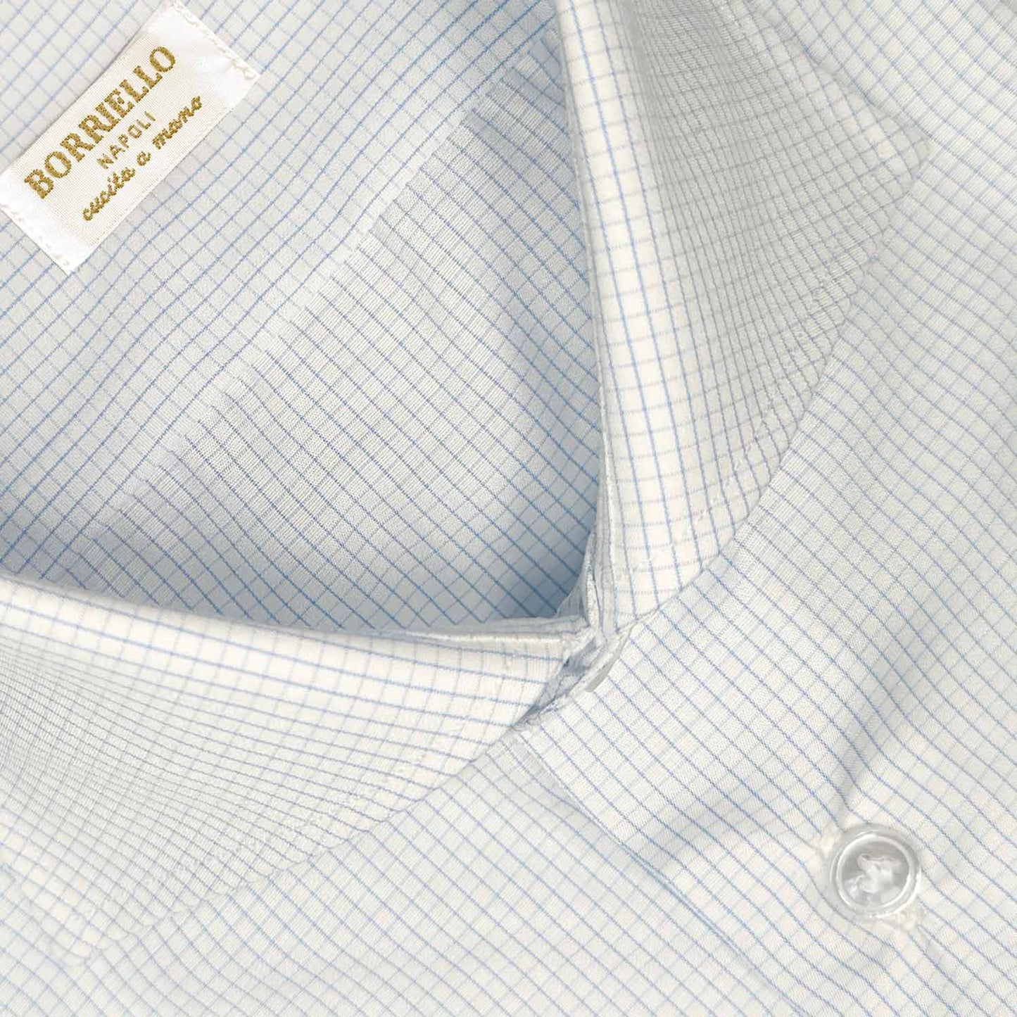 Men's Light Blue Classic Micro Checked Shirt White Poplin Cotton Borriello Napoli shirt exclusive for Wools Boutique Uomo Geneva