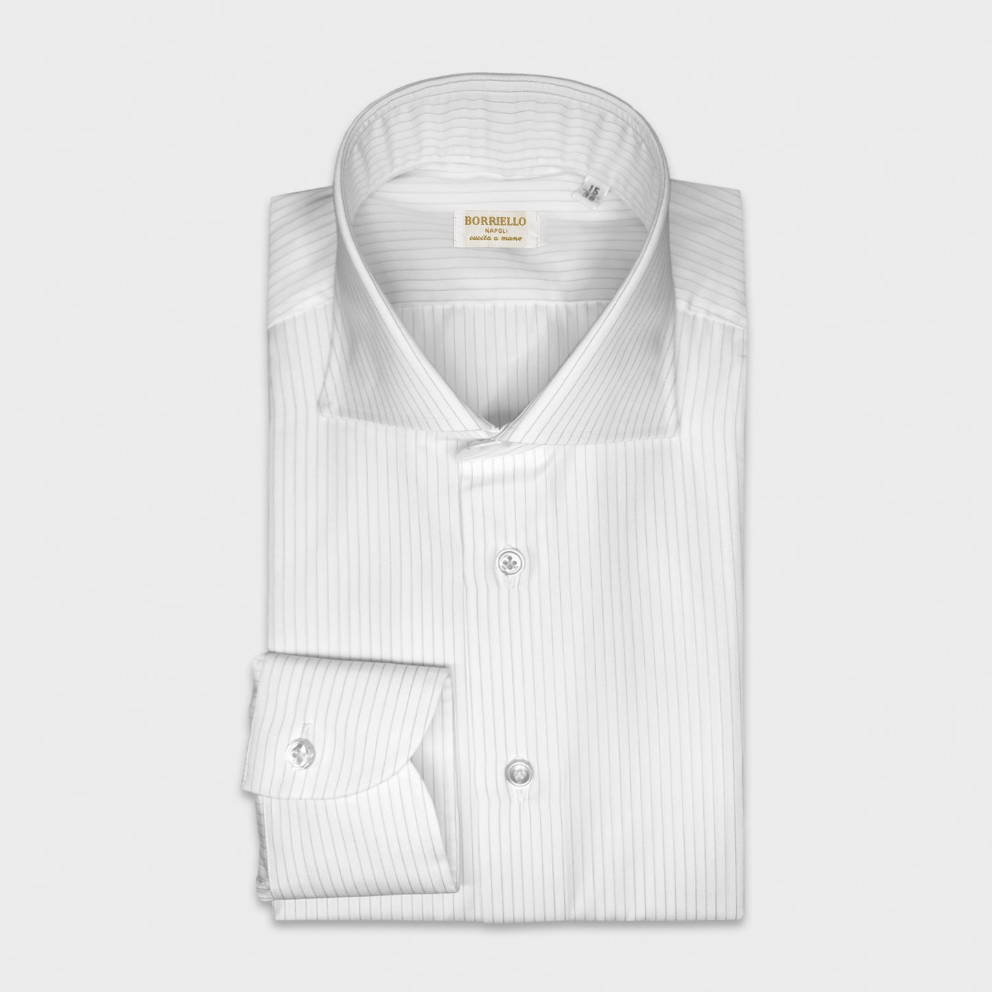 Classic Micro Striped Shirt White Navy Blue Poplin Cotton. Formal striped shirt, made with 100/2 double twisted poplin cotton, classic poplin micro striped shirt Borriello Napoli exclusive for Wools Boutique Uomo Genève