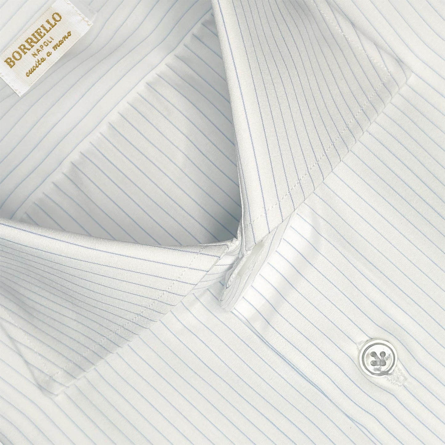 Men's Classic Micro Striped Shirt White Navy Blue Poplin Cotton Borriello Napoli shirt exclusive for Wools Boutique Uomo Geneva