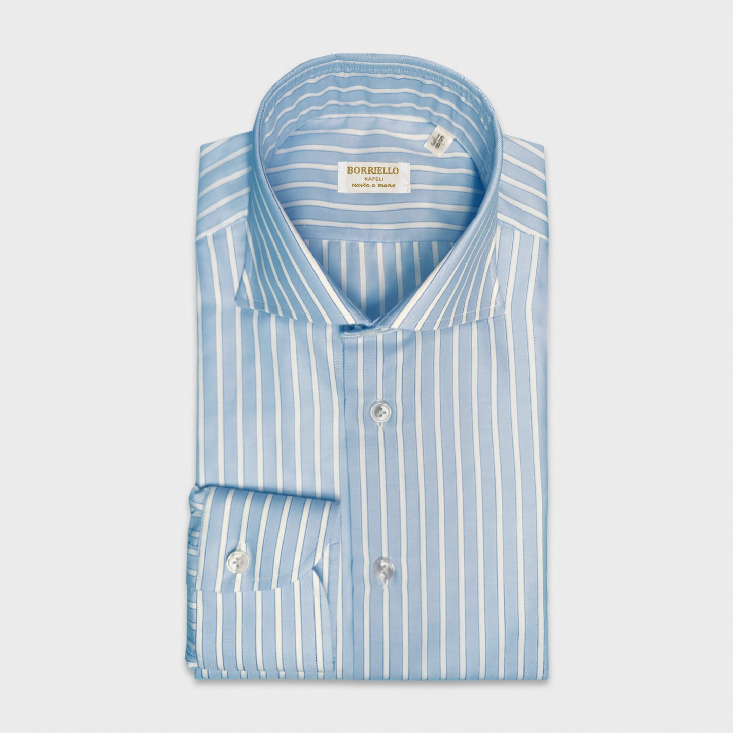 Men's Striped Shirt Super Oxford Cotton Light Blue. Luxury oxford shirt made with an exclusive cotton fabric very thin 50/1 softer and of high quality, Borriello Napoli exclusive for Wools Boutique Uomo Geneva