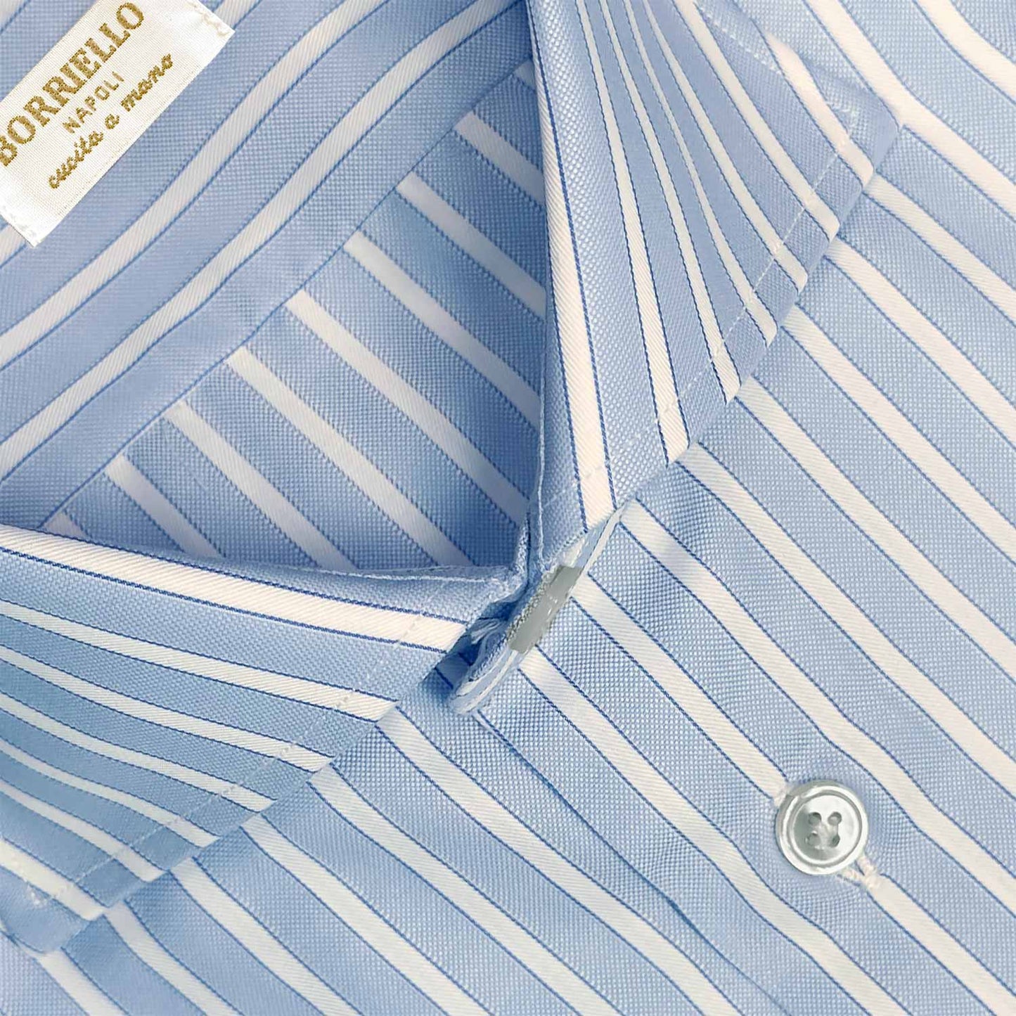 Men's Striped Shirt Super Oxford Cotton Light Blue Borriello Napoli shirt exclusive for Wools Boutique Uomo Geneva