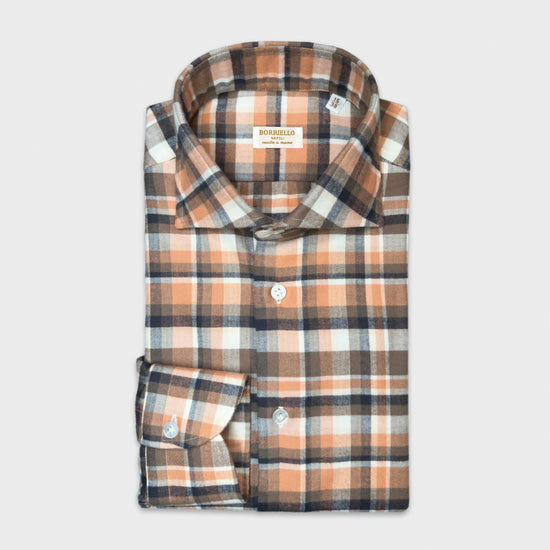 Red Salmon Cotton Flannel Checked Shirt Borriello Napoli. Classic checked shirt made with a finest and soft Italian flannel cotton, soft finish and silky touch, comfortable to wear in the middle seasons and in winter in your classic or sporty outfit.