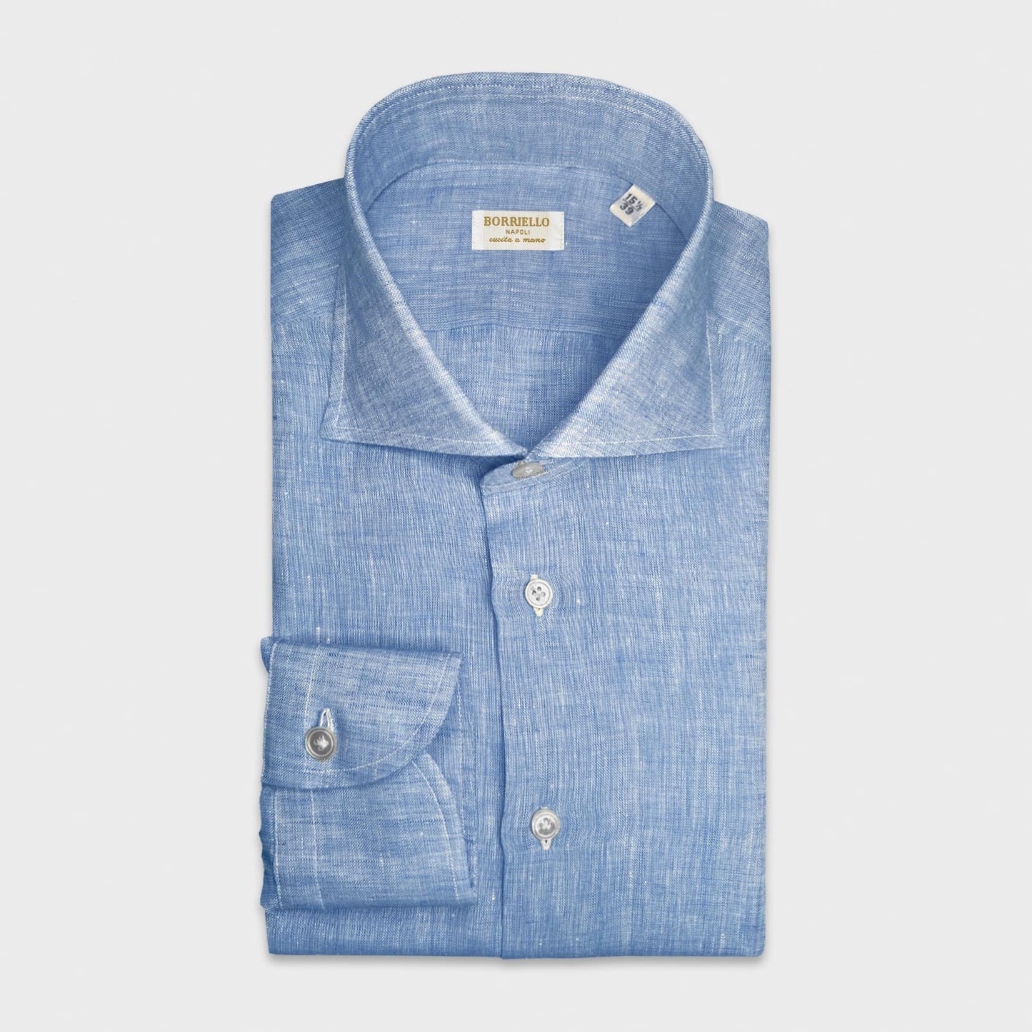 Sky Blue Linen Shirt Hand Made Borriello Napoli. Men's linen shirt, made with soft linen fabric made in Italy, silky to the touch softer and of high quality, Borriello Napoli exclusive for Wools Boutique Uomo