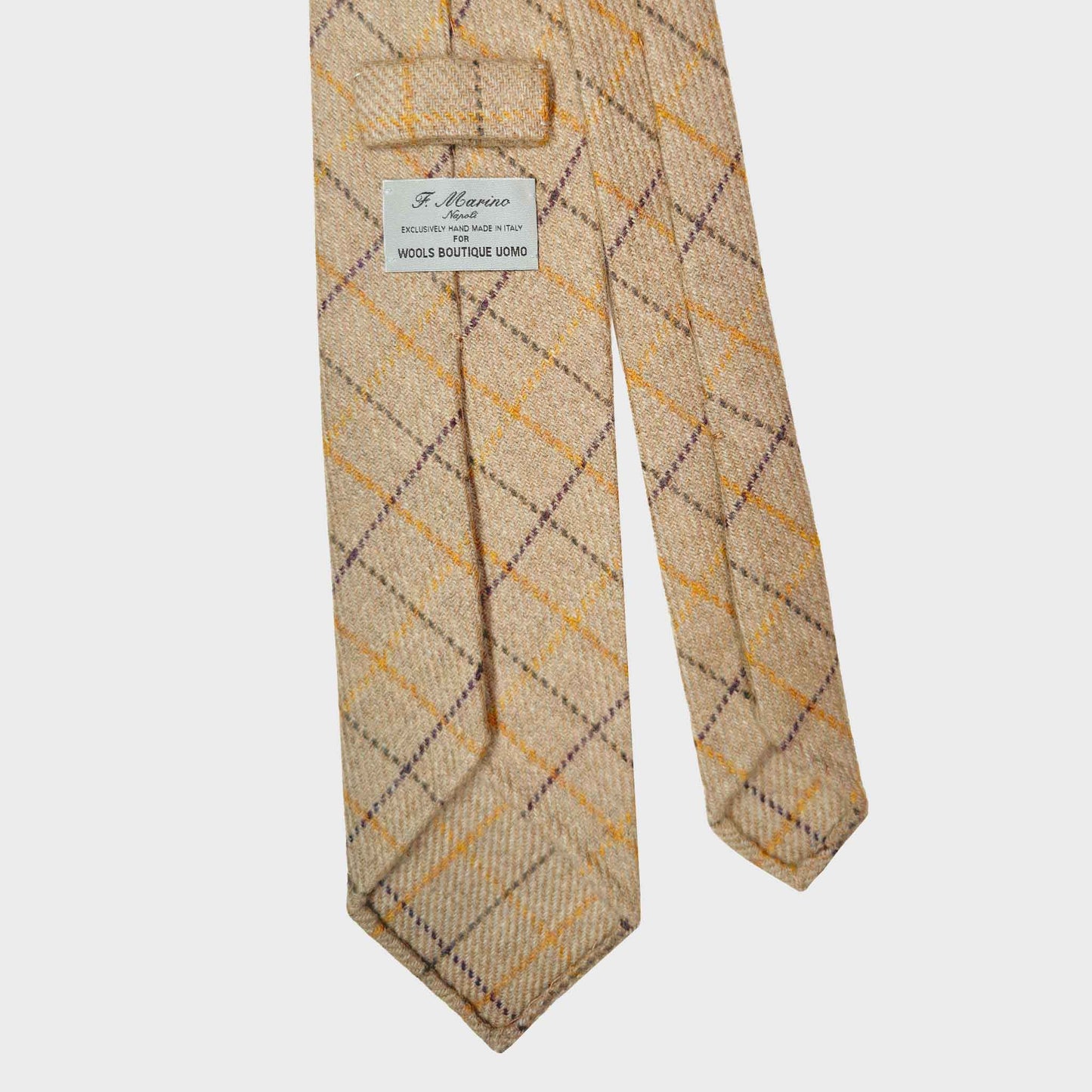 Refined camel wool ties available at men's ties store Geneva Wools Boutique Uomo, dark navy and ocra yellow checked pattern, camel wool neckties made in Italy