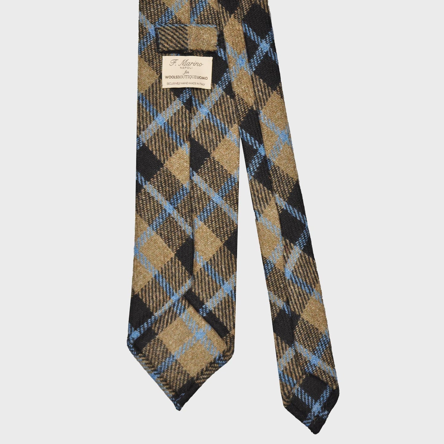 F.Marino Tweed Tie 3 Folds Plaid Checks Camel