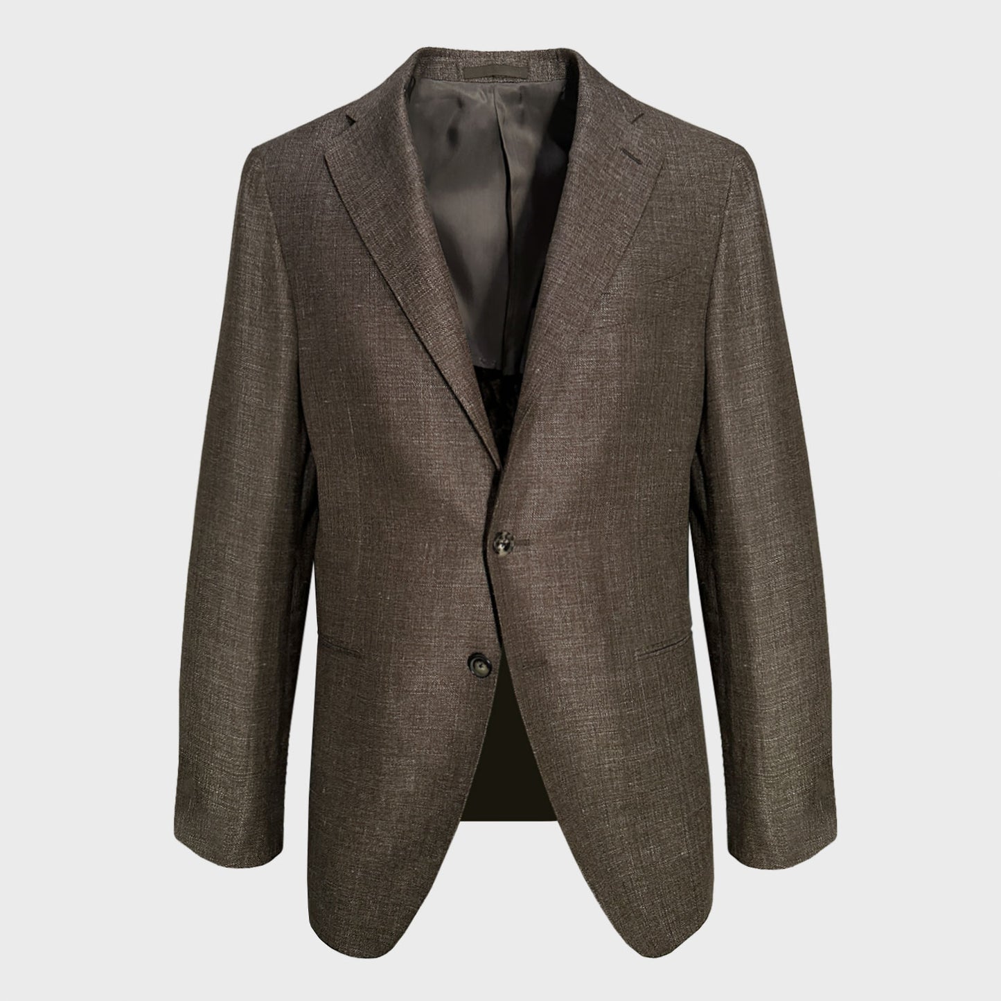 Brown Tailored Jacket Linen Wool Caruso. Caruso men's tailoring jacket exclusively made for Wools Boutique Uomo in Geneva, linen and wool fabric, drop 7R classic fit, unlined, coffee brown color jacket