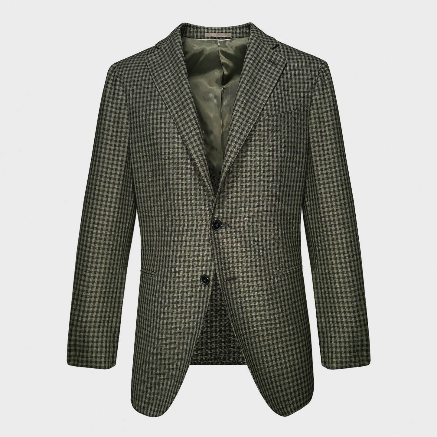 Army Green Checked Tailored Jacket Wool Silk Linen Caruso. Men's checked jacket Caruso mande in Italy for Wools Boutique Uomo, brillant army green and dark navy blue checked pattern, shop in Wools Boutique Uomo Geneva