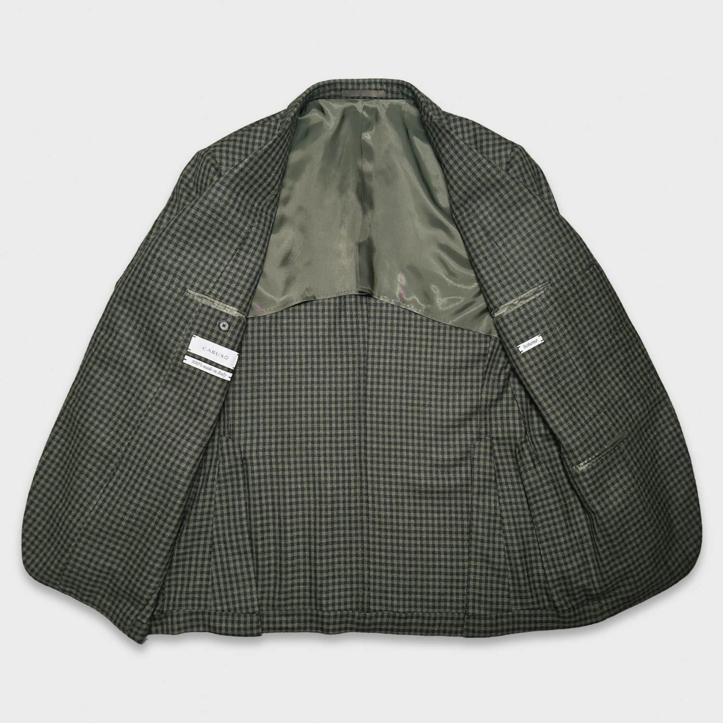 Army Green Checked Tailored Jacket Wool Silk Linen Caruso discover in Wools Boutique Uomo Geneva