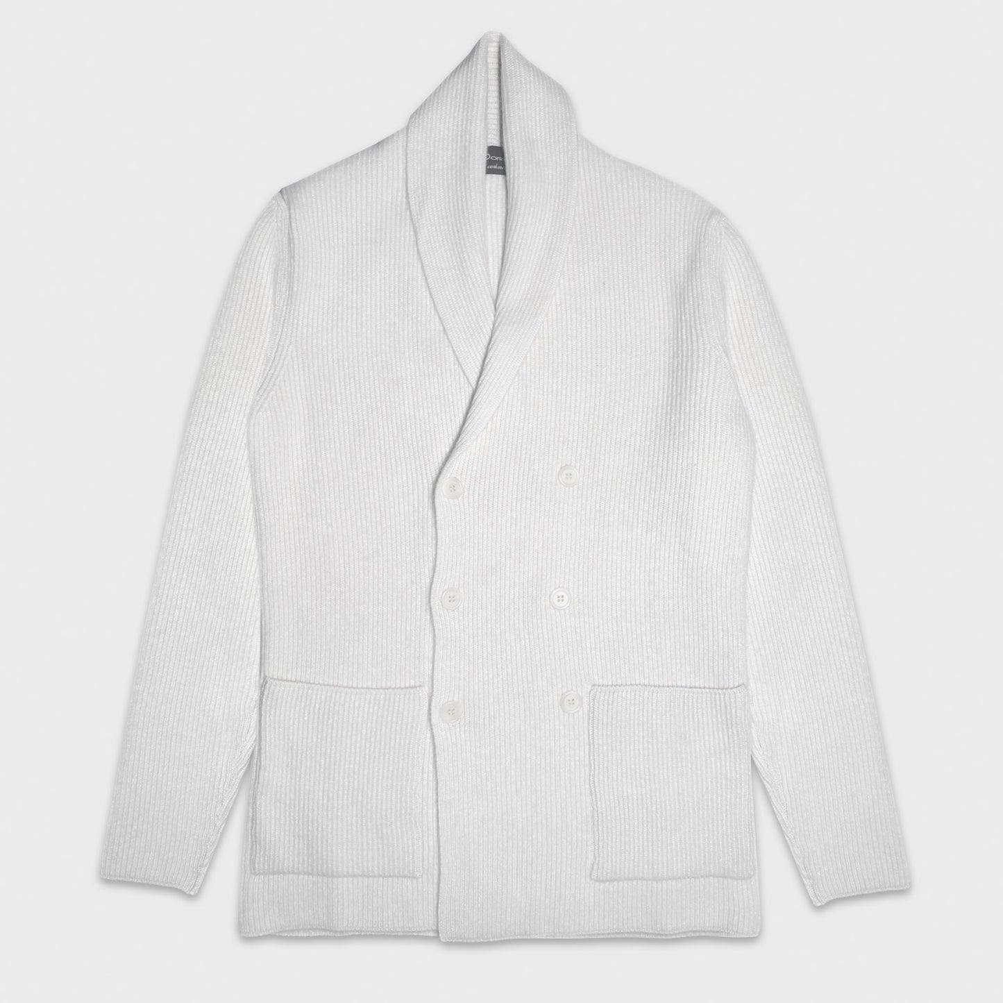 White Double Breasted Cardigan Sweater Shawl Collar Cashmere. Cashmere cardigan sweater shawl collar in Geneva, made in Italy by Doriani with highest quality cashmere, ideal to wear with a shirt and tie or a basic crewneck
