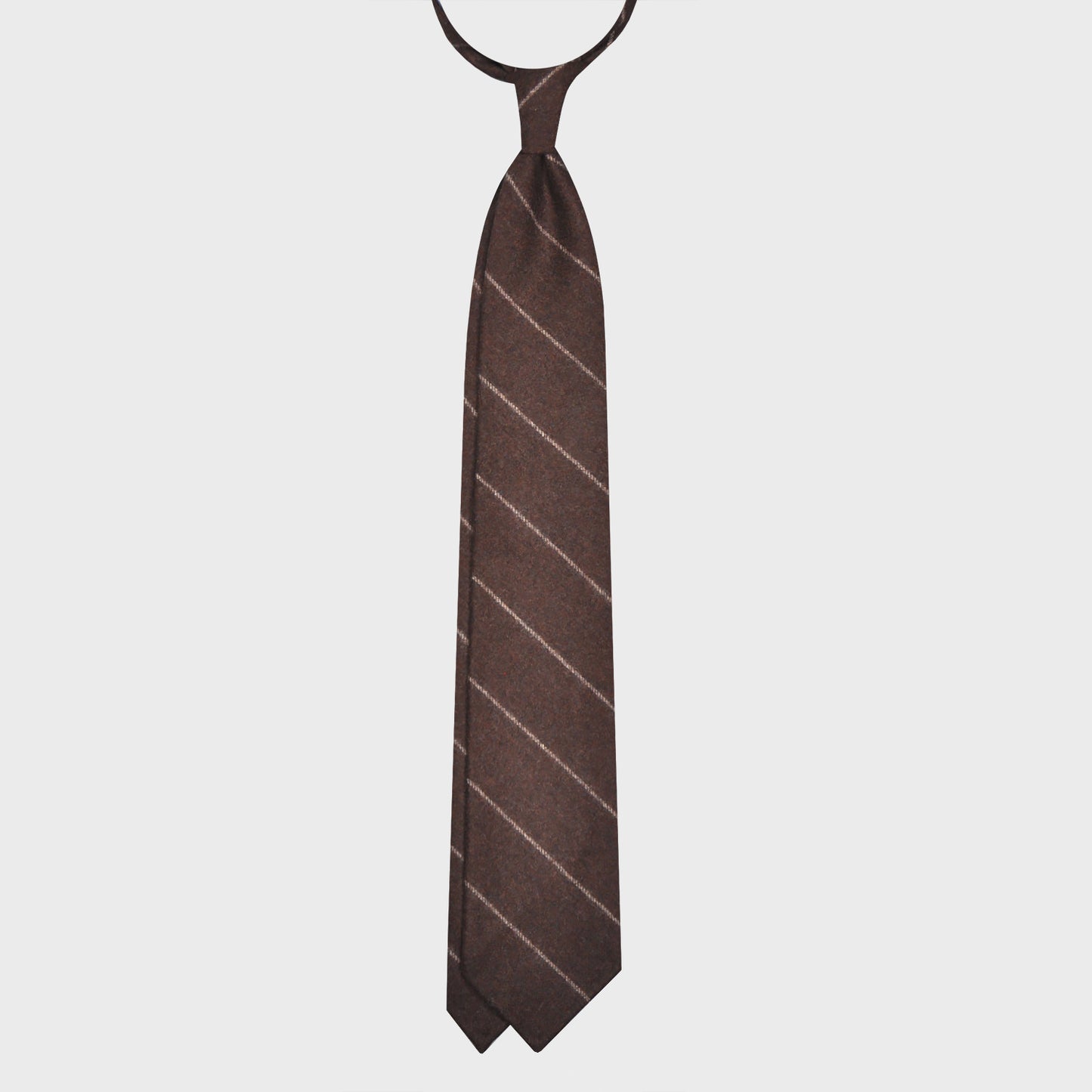 Coffee Brown Stripes Wool Tie Unlined 3 Folds. Soft flannel wool tie, handmade f marino napoli for Wools Boutique Uomo, coffee brown with ivory white stripes color, soft fabric to the touch, ideal for lovers of regimental wool ties