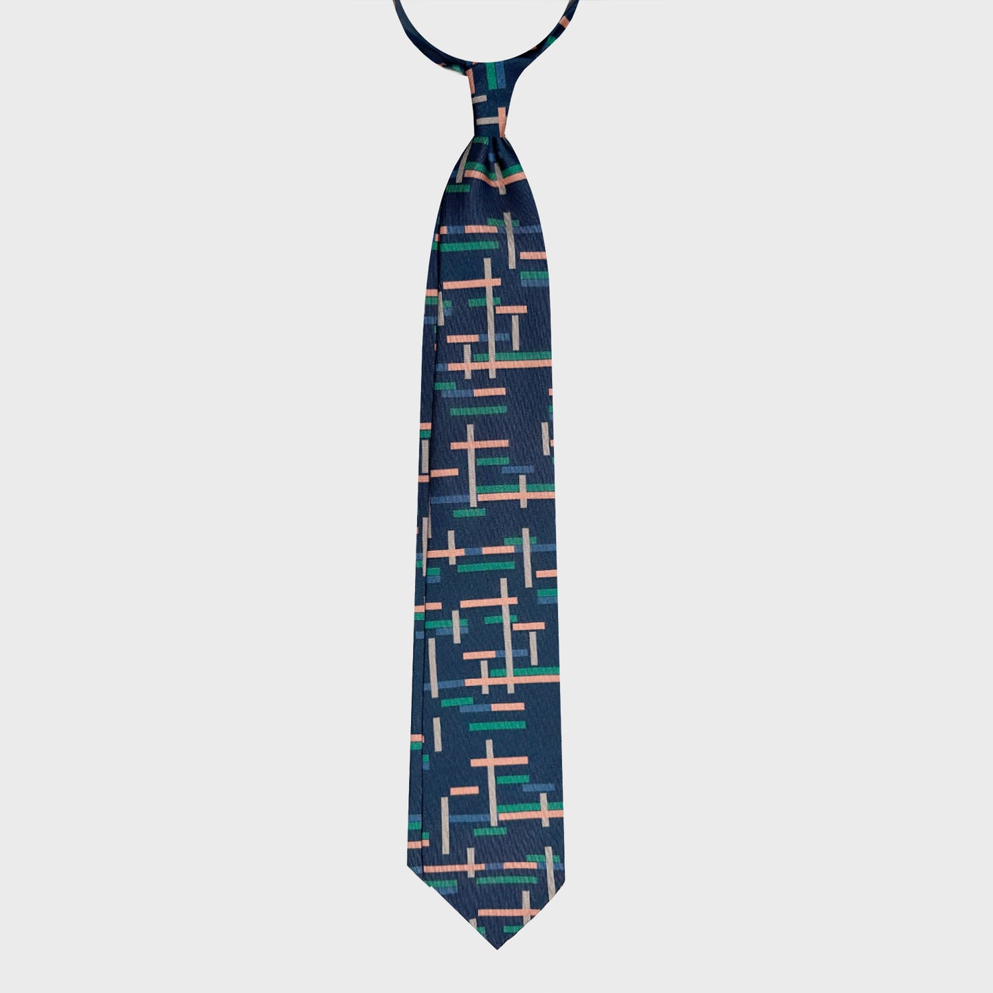Blue silk tie made with a exclusive pattern made by Wools Boutique Uomo Geneva, navy blue color background, unlined tie made in Italy, discover in Grand-Rue 13 Ville de Geneve
