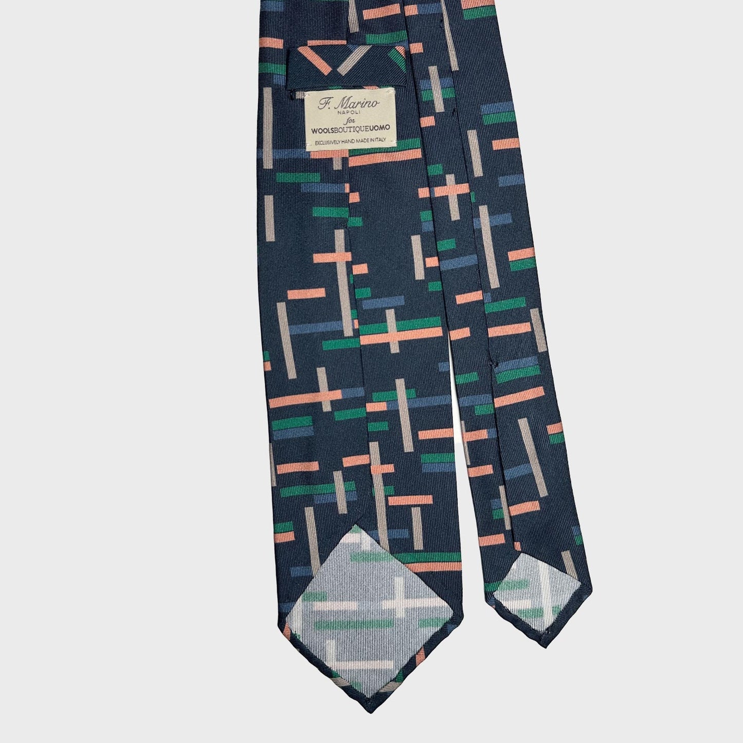Navy Blue Tie Art Decò Pattern, unlined tie made in Italy, discover in Grand-Rue 13 Ville de Geneve