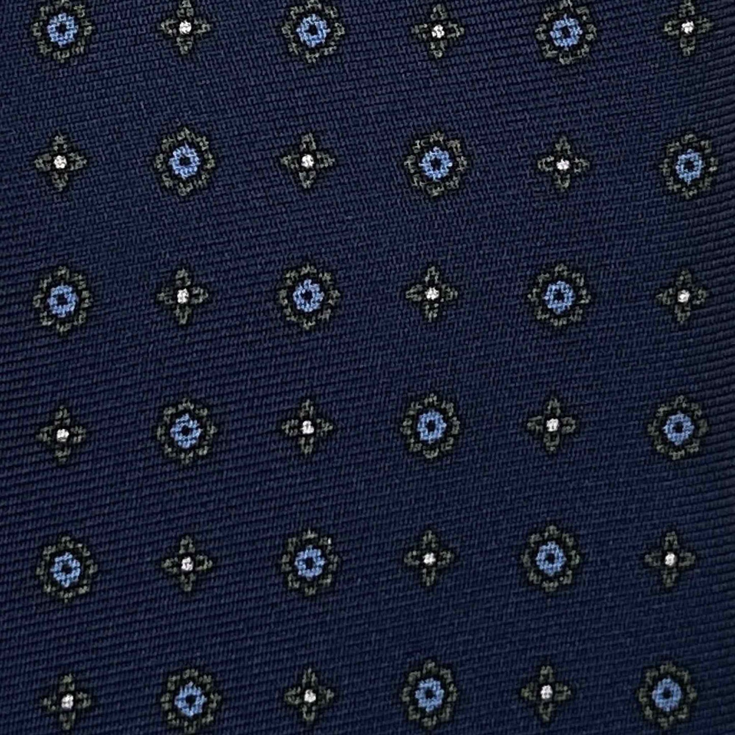 Formal blue silk tie with light blue and loden green micro diamonds pattern, madder seven folds silk ties F.Marino Napoli for Wools Boutique Uomo Genève