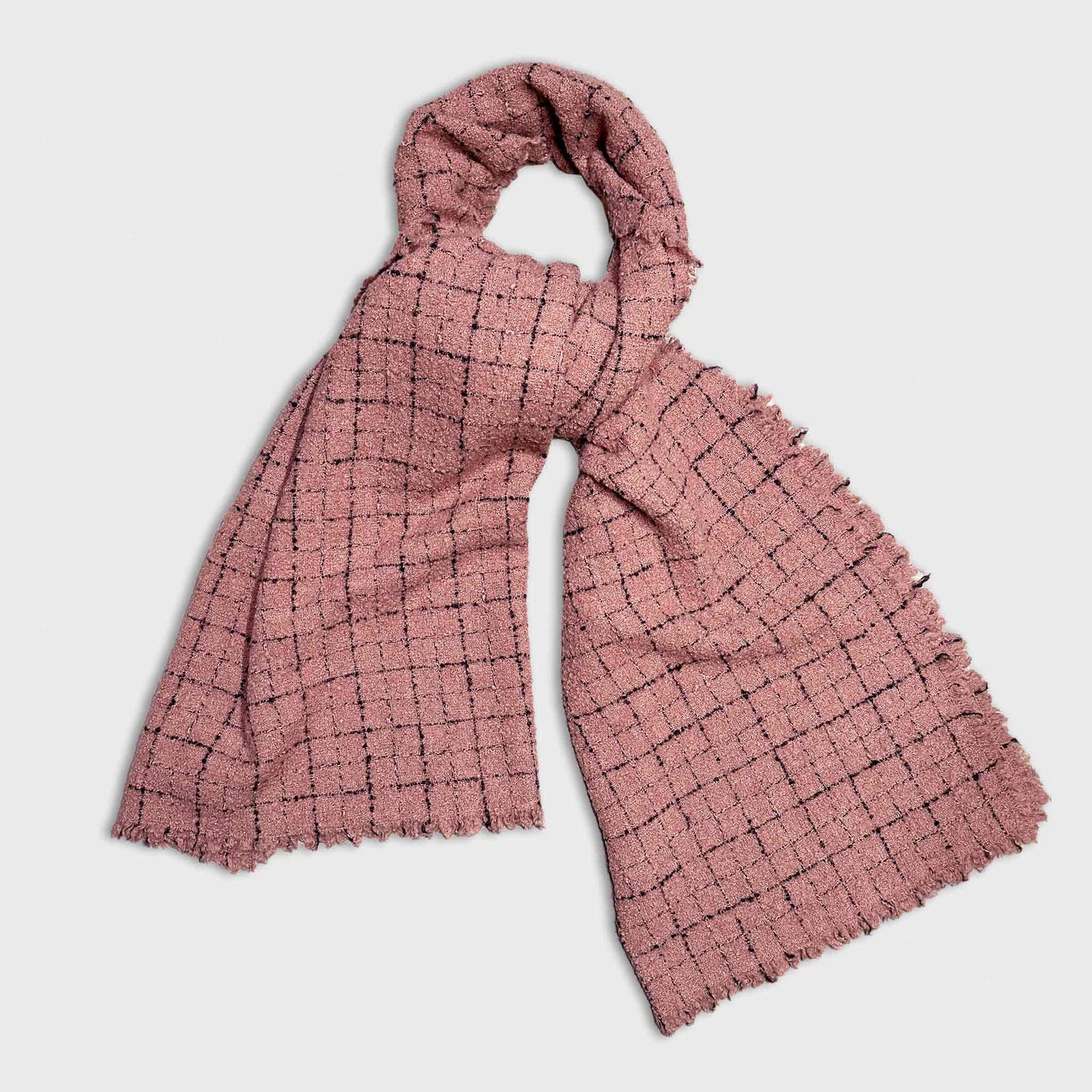 Antique Pink Wool Cashmere Scarf Windowpane Faliero Sarti. Timeless and refined scarf with a classic windowpane pattern, antique pink cool color, unisex comfortable size, warm and very soft to the touch.