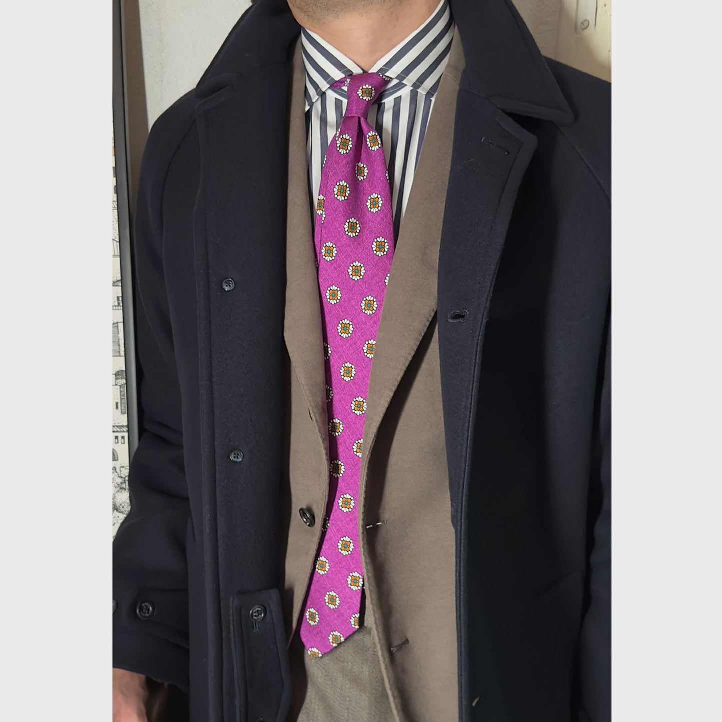 F.Marino Silk Tie 3 Folds Diamonds Flower Royal Fuchsia