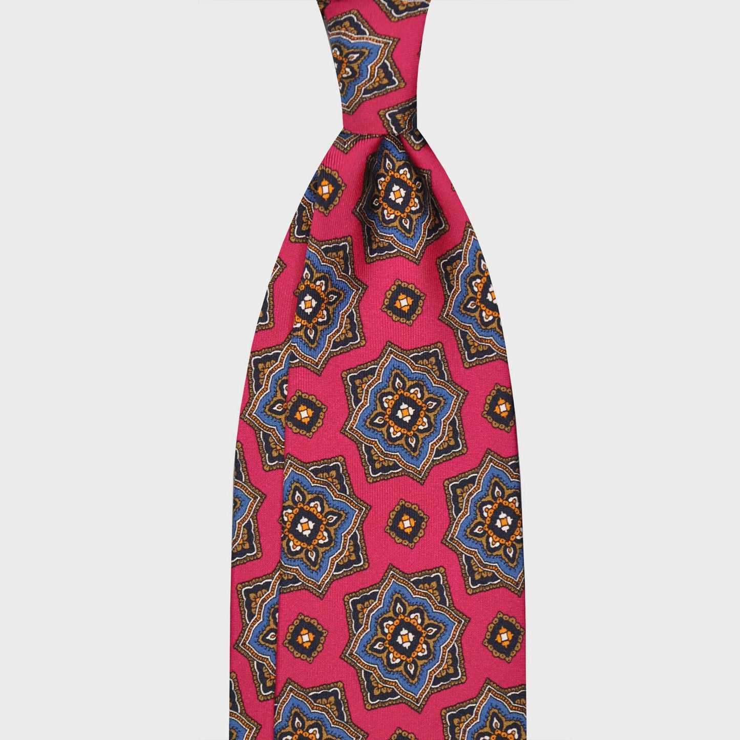 Mandala Pattern Navy Blue Silk Tie Unlined. Refined mandala pattern magenta silk tie, pervinca blue and yellow gold mandala medallions pattern, unlined 3 folds, handmade tie F.Marino Napoli for Wools Boutique Uomo