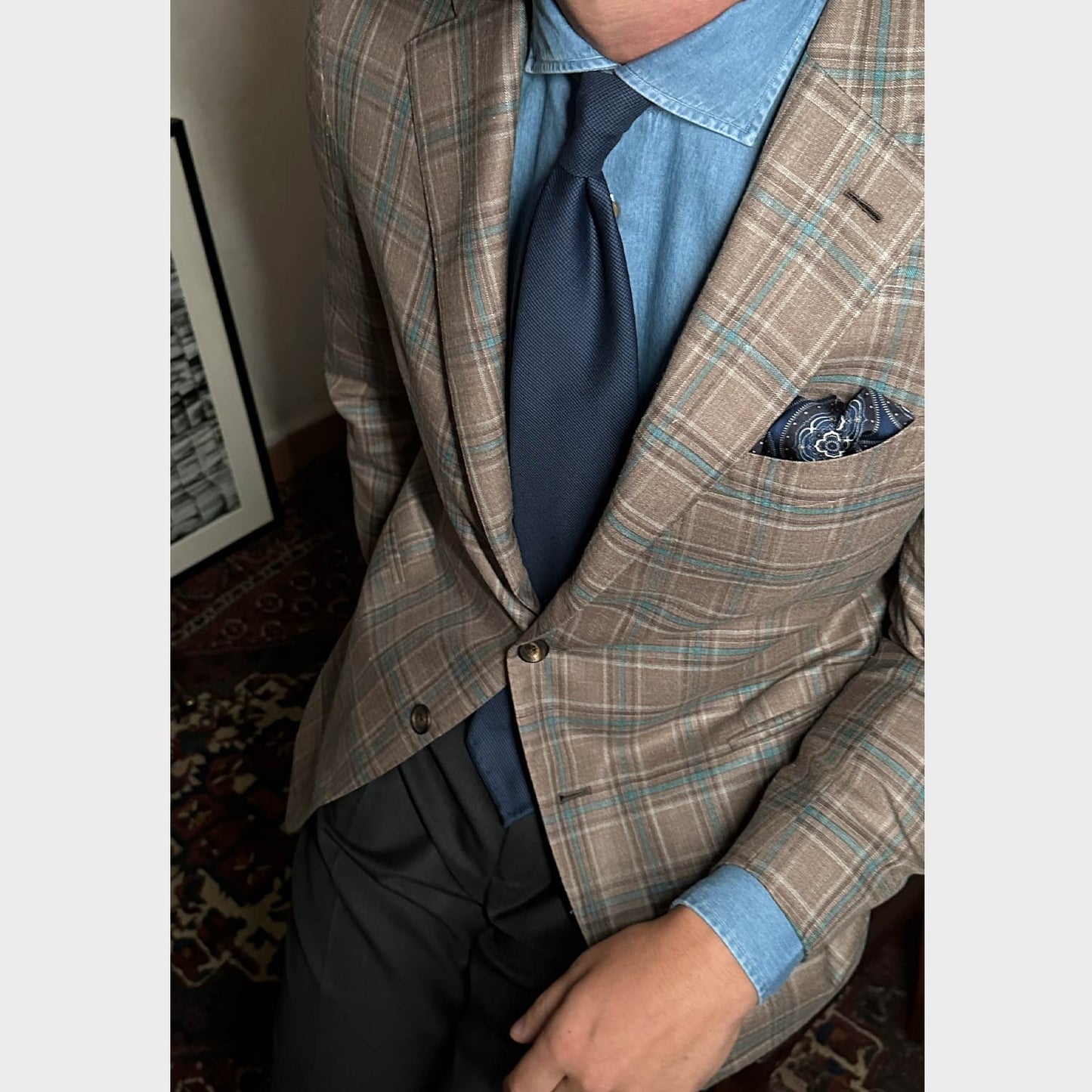 Blue Wool Tie Canvas Pattern Handmade F.Marino Napoli. F.Marino Napoli luxury wool tie, hand rolled edge, unlined, light wool extra fine, dark blue color background with light blue micro canvas pattern