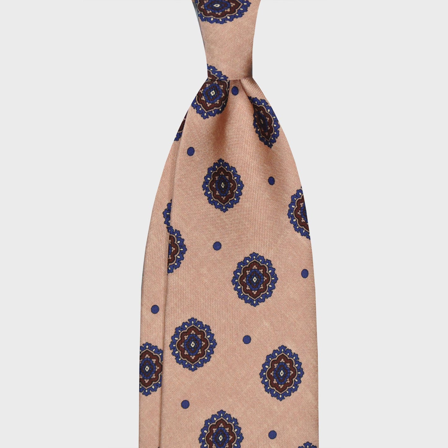 Antique Pink Satin Silk Tie Unlined 3 Folds Vintage Medallions. Refined handmade satin silk tie, antique pink background with navy blue pois, coffee brown with navy blue and antique pink vintage medallions pattern. F.Marino Napoli exclusive hand made in Italy for Wools Boutique Uomo