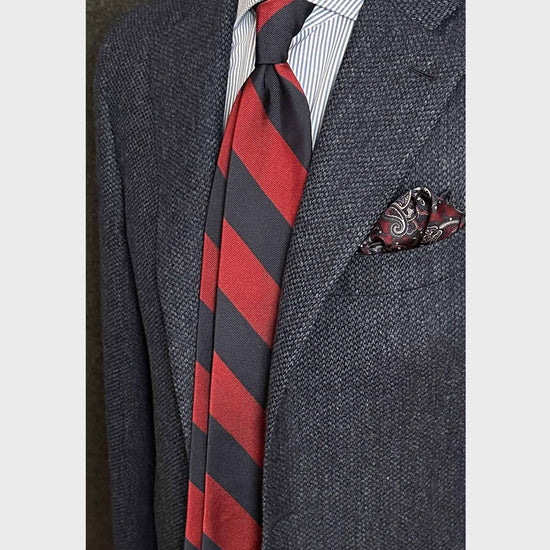 Chili Red Wide Striped Regimental Jacquard Silk Tie. Classic jacquard silk tie with wide striped chili red and navy blue, handmade in Italy by F.Marino Napoli exclusive for Wools Boutique Uomo