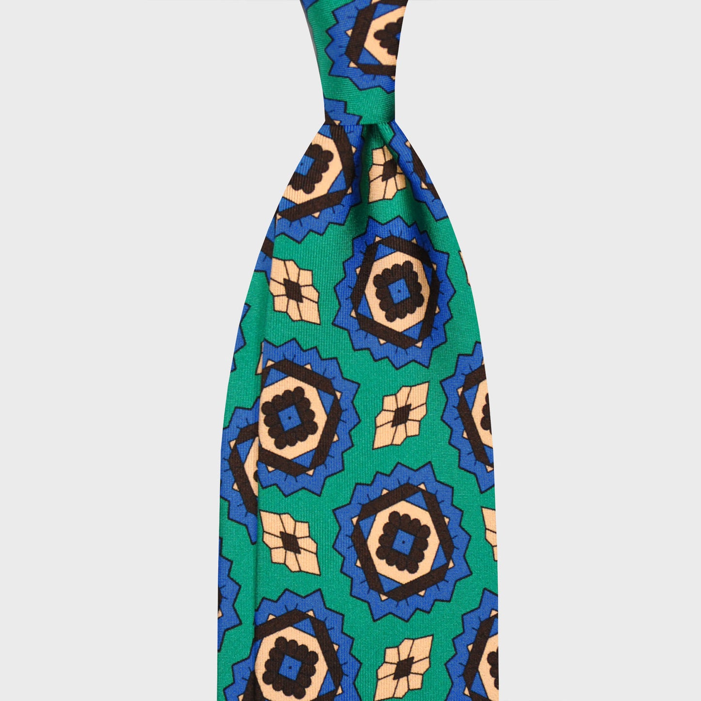 Handmade Silk Tie Emerald Green Geometric Mandala Pattern. Emerald green silk tie, electric blue and coffee brown beige geometric mandala medallions pattern, unlined 3 folds, handmade tie F.Marino Napoli for Wools Boutique Uomo