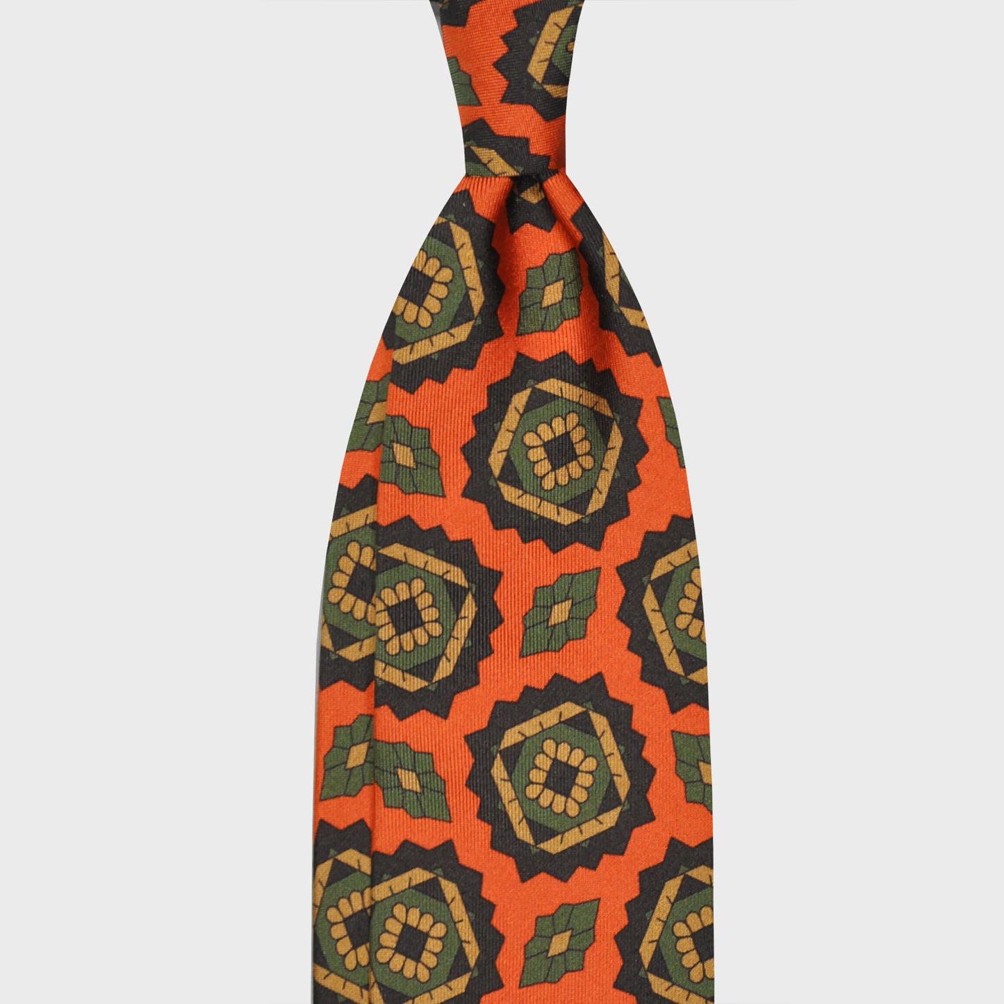 Handmade Silk Tie Orange Geometric Mandala Pattern. Orange silk tie, navy blue and army green beige geometric mandala medallions pattern, unlined 3 folds, handmade tie F.Marino Napoli for Wools Boutique Uomo