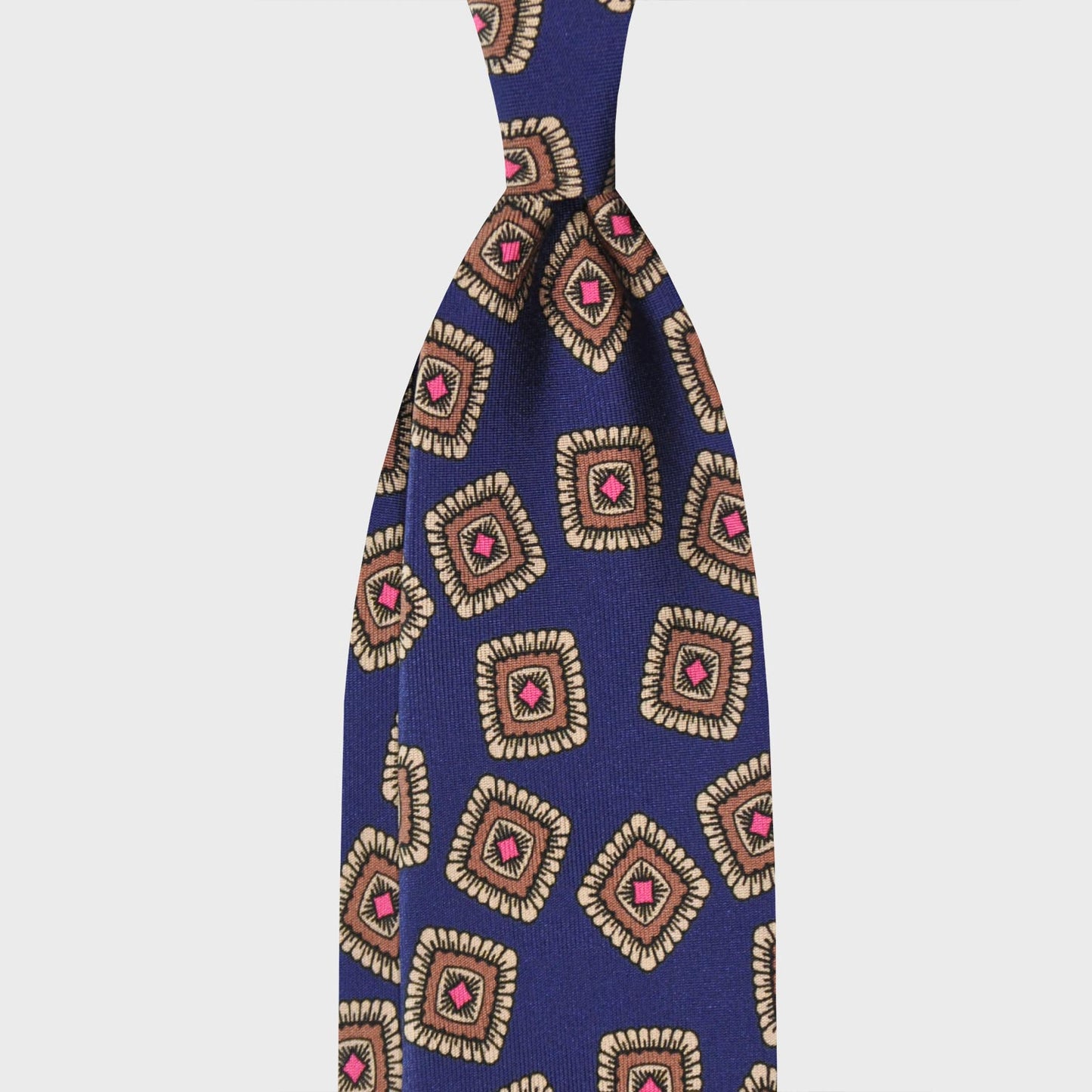 Cobalt Blue Silk Tie Unlined Classic Medallions. Classic blue silk tie, cobalt blue background with clay brown and pink medallions pattern, handmade in Italy F.Marino Napoli tie for Wools Boutique Uomo