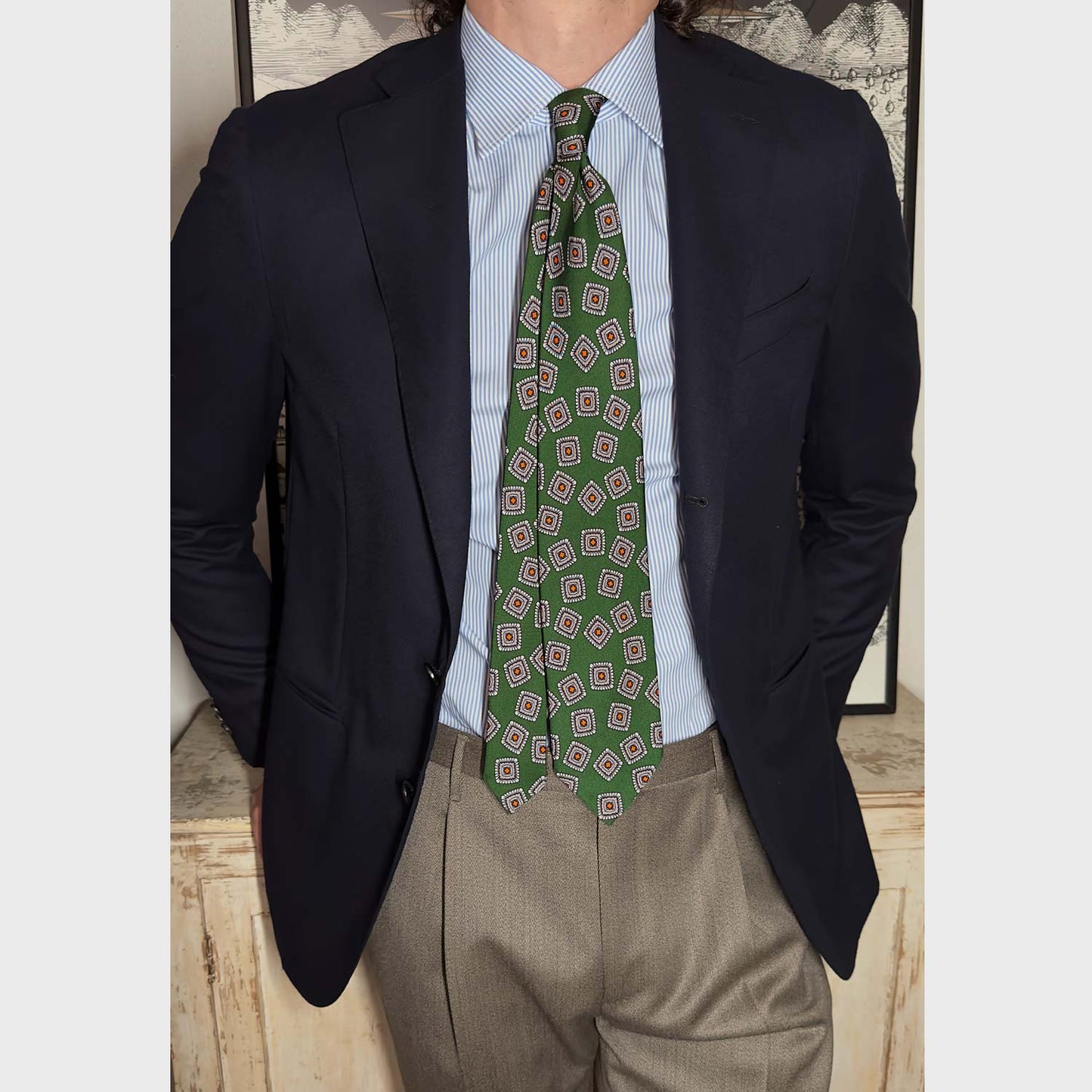 F.Marino Silk Tie 3 Folds Medallions Pine Green