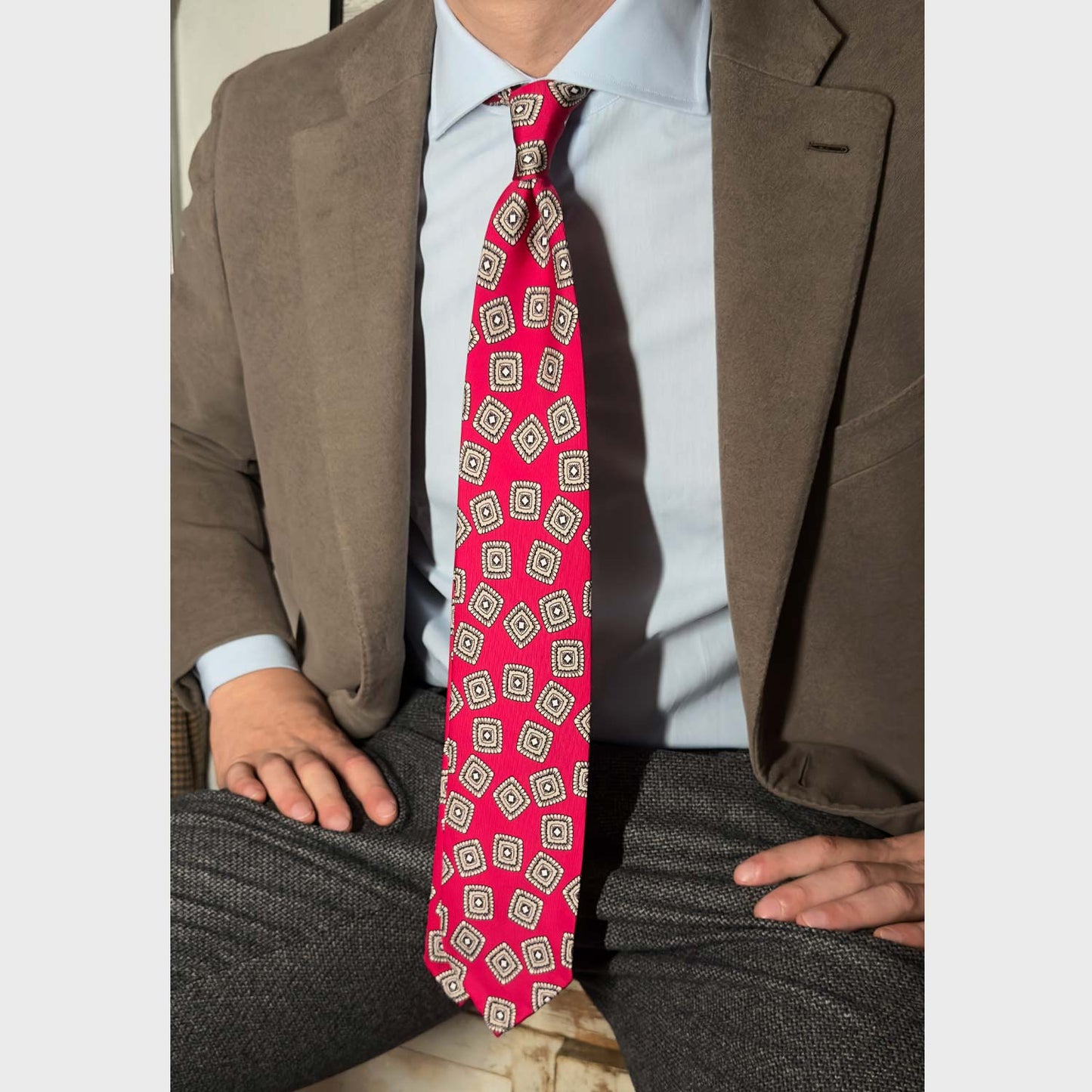 F.Marino Silk Tie 3 Folds Medallions Crimson Red