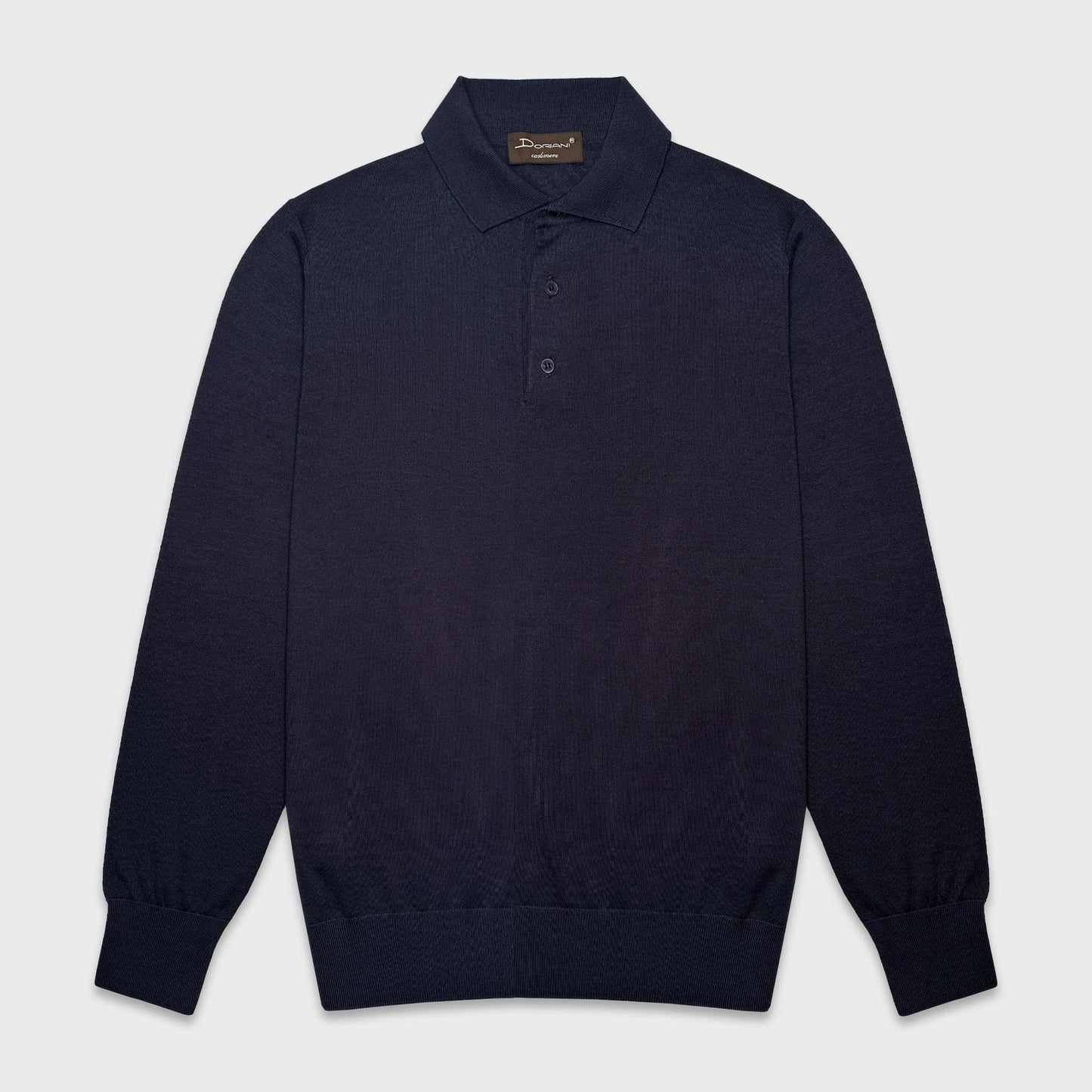 Navy Blue Long Sleeve Polo 3 Buttons Wool Silk Cashmere Doriani. Men's luxury blue polo wool silk cashmere made in Italy by Doriani, navy blue united color, three mother of pearl buttons long sleeve polo uomo