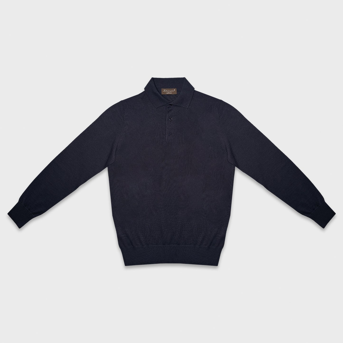 Men's luxury blue polo wool silk cashmere made in Italy by Doriani, navy blue united color, three mother of pearl buttons long sleeve polo uomo Wools Boutique Uomo Geneva