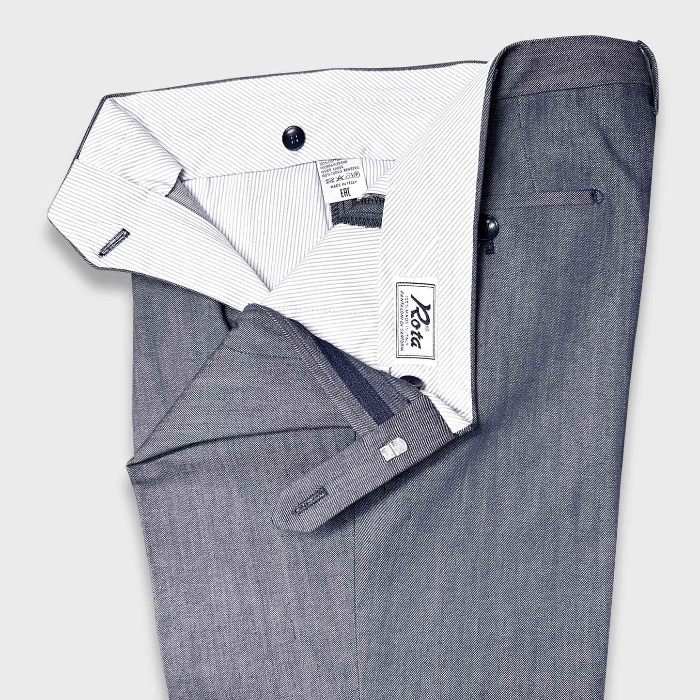 Men's Classic Double Pleated Jeans Rota Tailoring Pants. Men's jeans Rota pantaloni hand made in Italy with a special soft and light italian Larusmiani denim fabric, exclusive silver blue color with double pleats