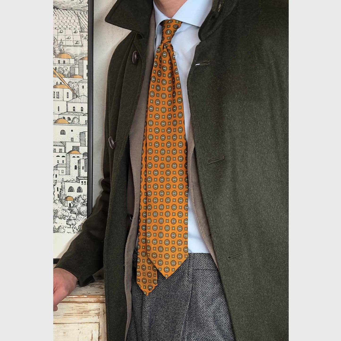 F.Marino Silk Tie 3 Folds Micro Diamonds Caramel Brown