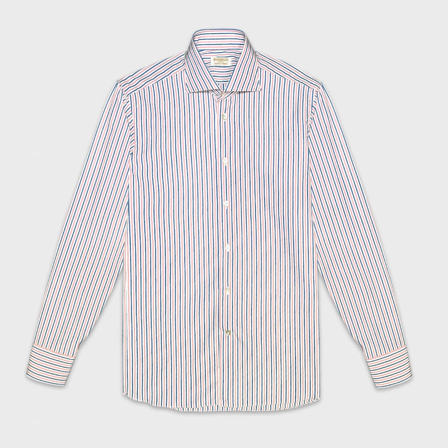 Pink and denim blue classic coloured striped shirt made with Thomas Mason fabric yarn-dyed in popeline cotton. Handmade shirt by Borriello Napoli exclusive for Wools Boutique Uomo, easy to match with many classic ties and jackets