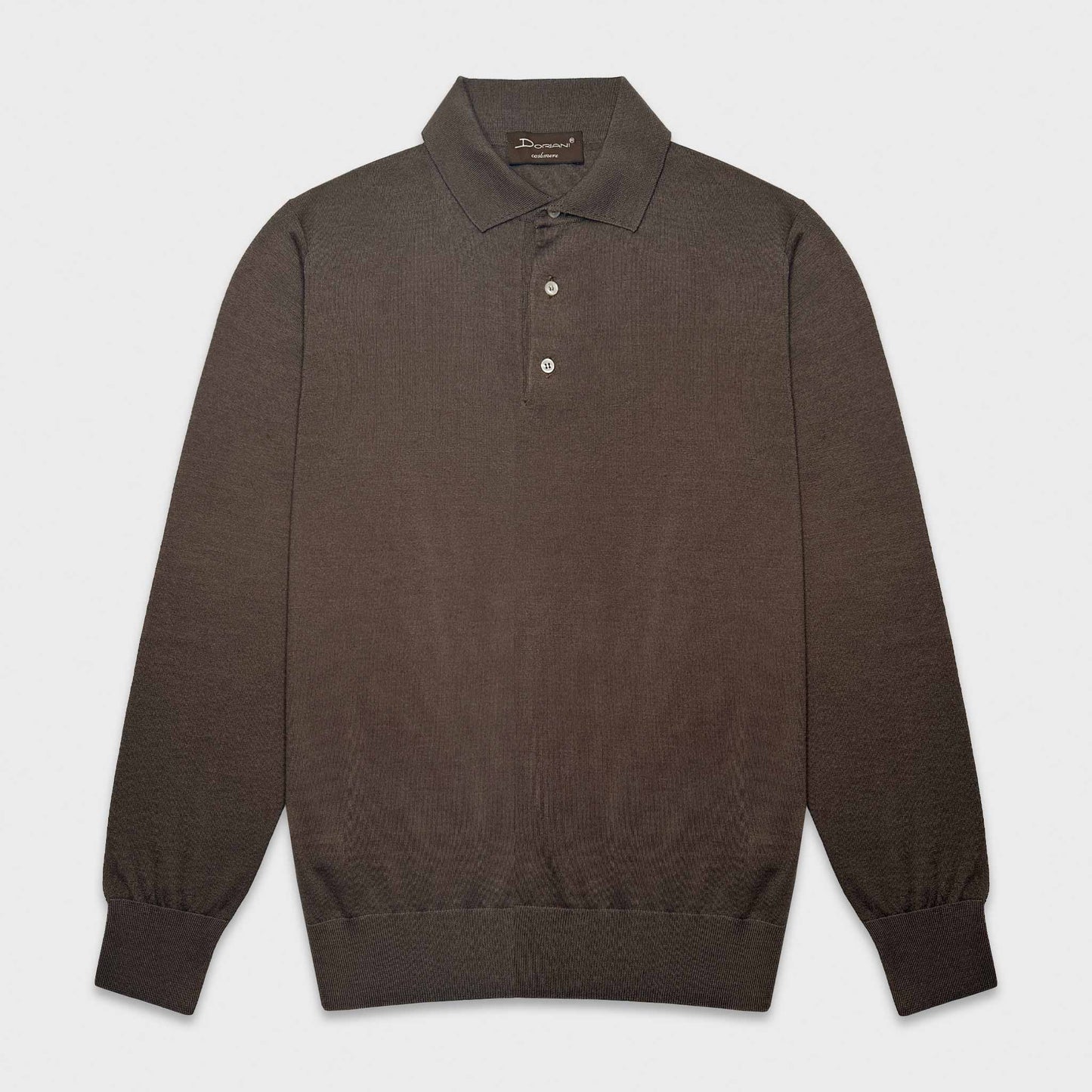 Coffee Brown Long Sleeve Polo 3 Buttons Wool Silk Cashmere Doriani. Men's luxury brown polo Doriani wool silk cashmere made in Italy, coffee brown united color, three mother of pearl buttons long sleeve polo uomo