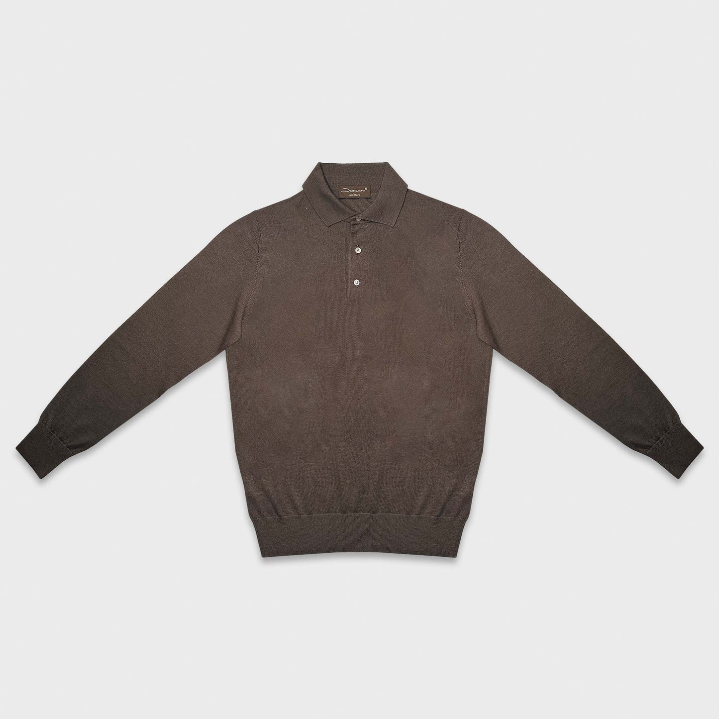 Men's luxury brown polo Doriani wool silk cashmere made in Italy, coffee brown united color, three mother of pearl buttons long sleeve polo uomo buy in Wools Boutique Uomo Geneva
