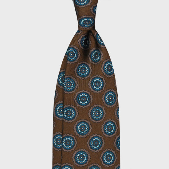 Bronze Brown Medallions Silk Tie. Men's brown silk tie made with finest Italian silk soft to the touch, unlined tie 3 folds, refined medallions printed pattern turquoise and beige, classic handmade tie F.Marino Napoli exclusive for Wools Boutique Uomo