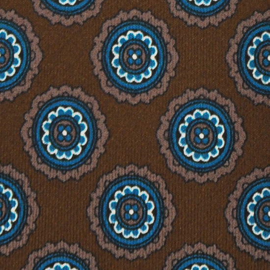 Bronze Brown Medallions Silk Tie. Men's brown silk tie made with finest Italian silk soft to the touch, unlined tie 3 folds, refined medallions printed pattern turquoise and beige, classic handmade tie F.Marino Napoli exclusive for Wools Boutique Uomo