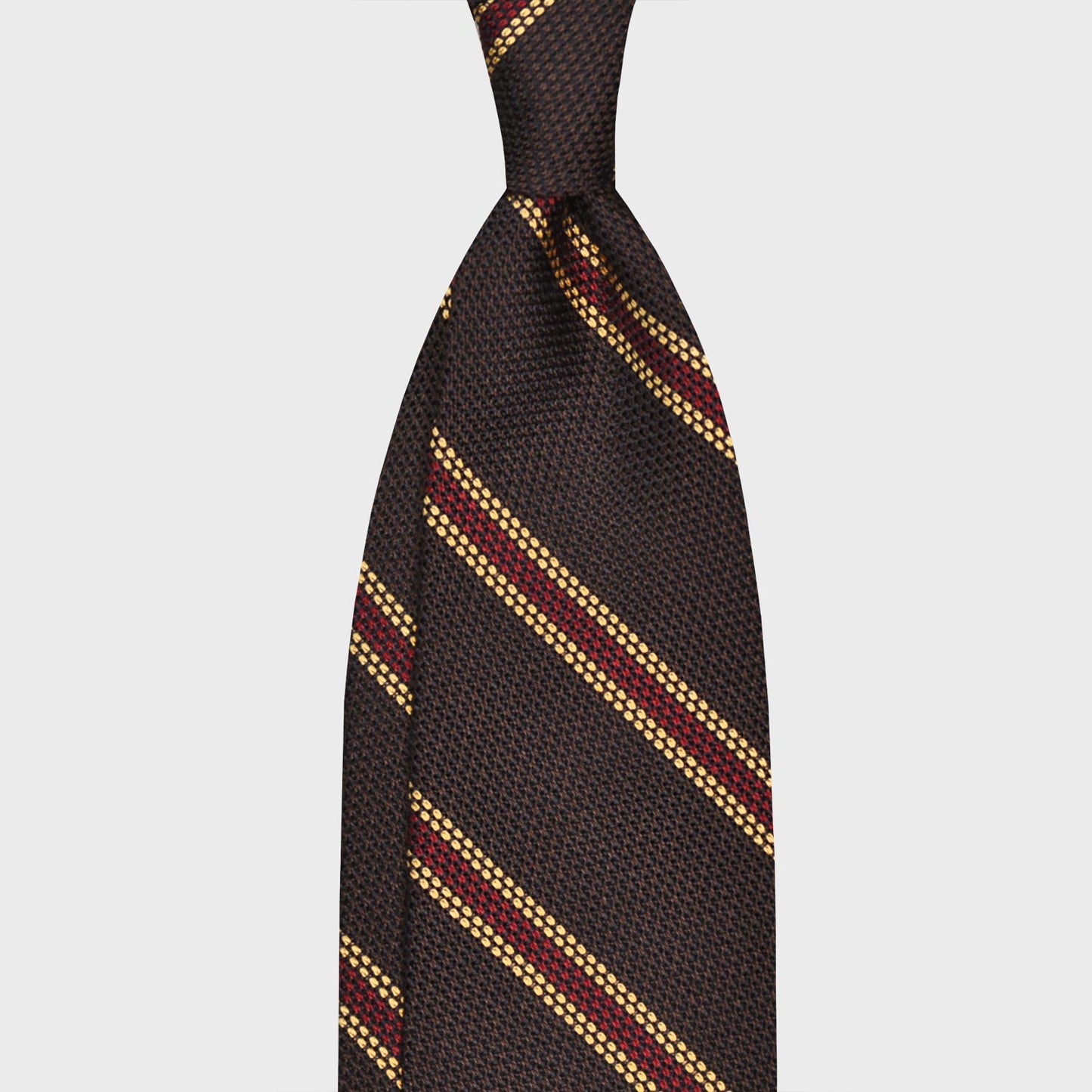Coffee Brown Striped Grenadine Silk Tie Garza Handmade in Italy. Classic regimental silk tie, F.Marino Napoli exclusive for Wools Boutique Uomo, hand rolled edge, unlined 3 folds, handmade with refined grenadine silk, coffee brown background with red ruby and yellow gold colors striped