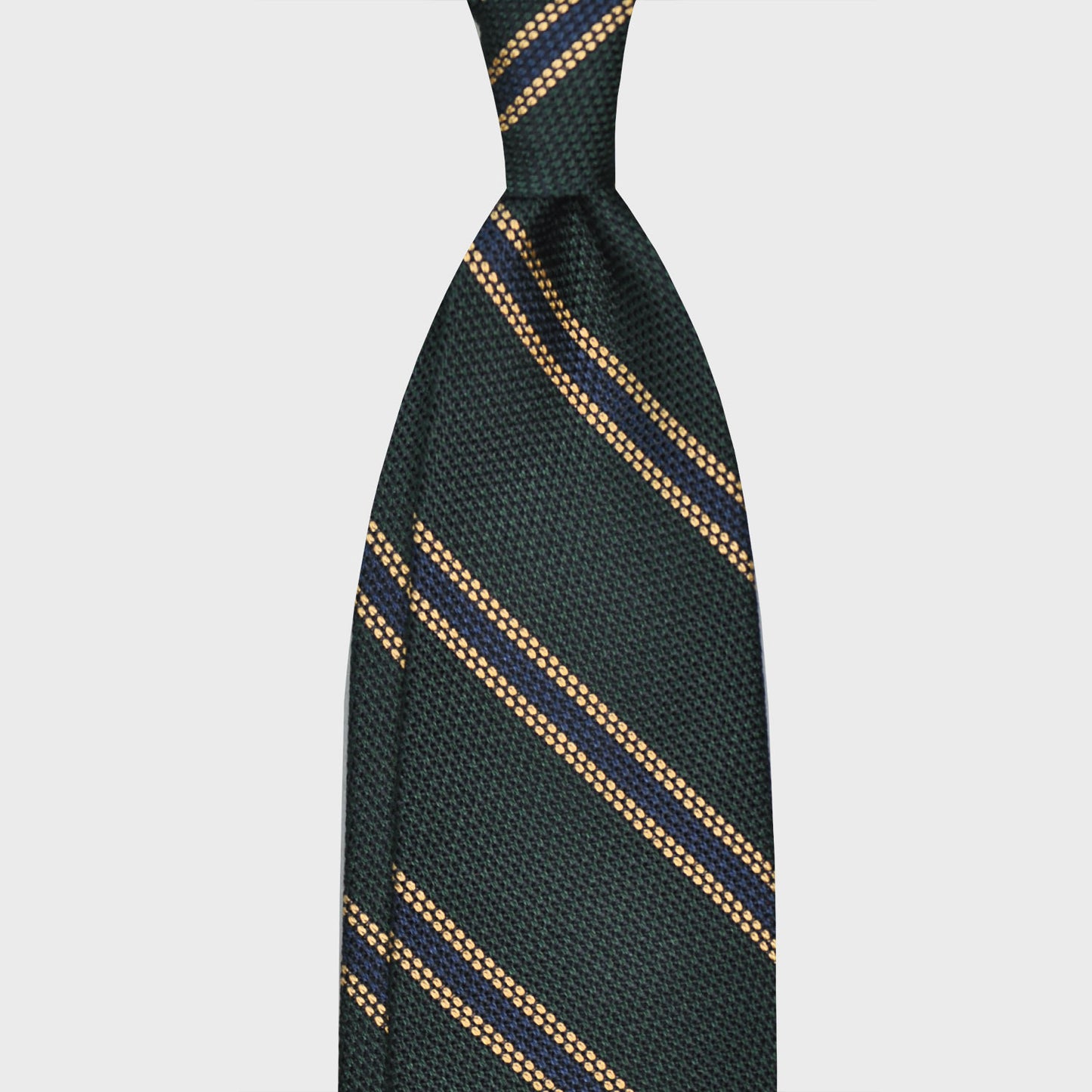 Emerald Green Striped Grenadine Silk Tie Garza Handmade in Italy. Classic regimental silk tie, F.Marino Napoli exclusive for Wools Boutique Uomo, hand rolled edge, unlined 3 folds, handmade with refined grenadine silk, emerald green background with cobalt blue and yellow gold colors striped.