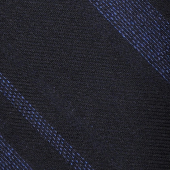 Navy Blue Silk Wool Striped Tie. Elegant regimental necktie made with silk and wool, hand rolled edge, unlined 3 folds, navy blue background with denim blue striped