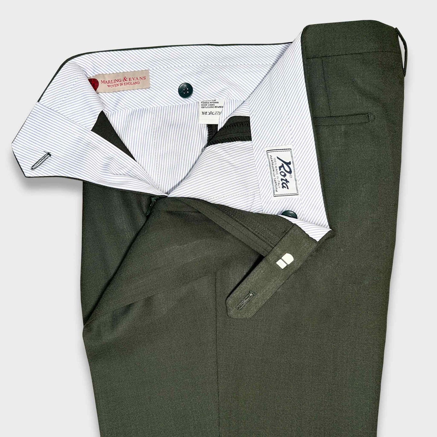 Army Green Hopsack Classic Wool Trousers Marling & Evans. Men's elegant army green color Rota trousers double pleated hand made in Italy exclusive for Wool Boutique Uomo Genava with Marling & Evans hopsack wool fabric