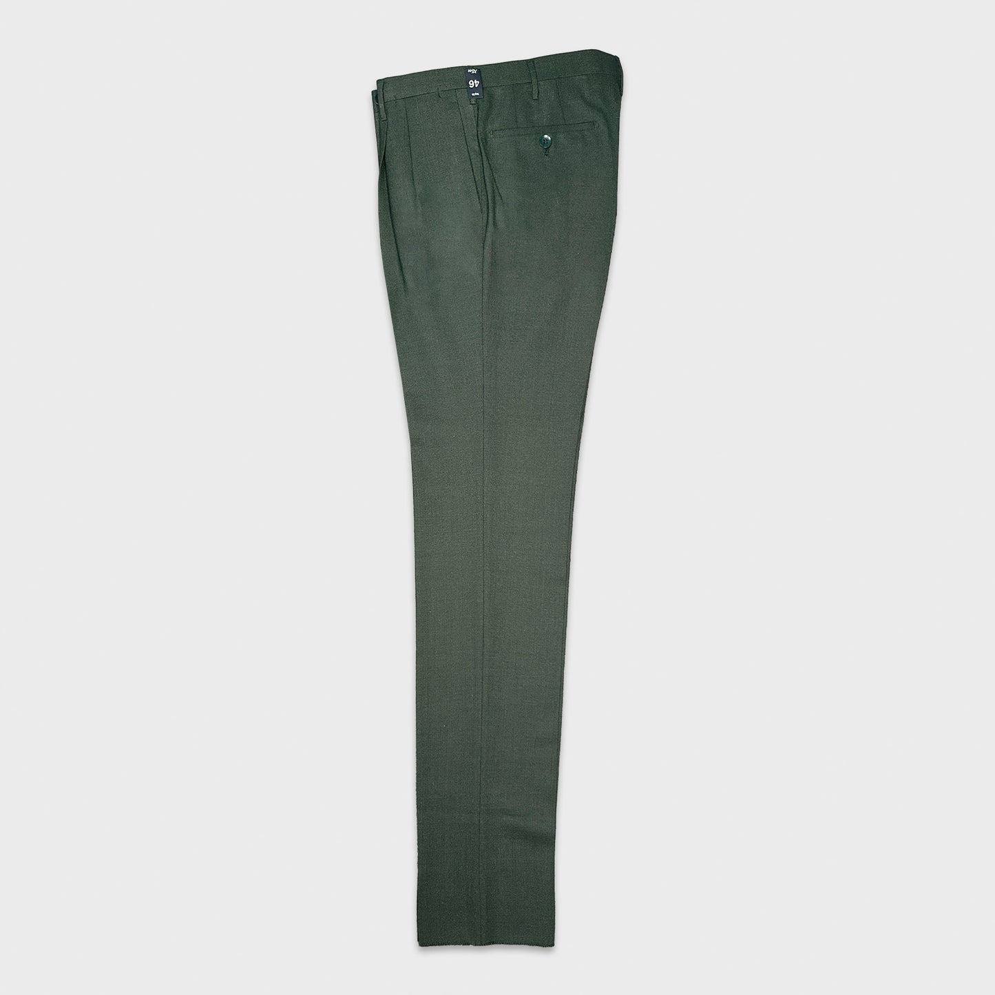 Men's elegant army green color Rota trousers double pleated hand made in Italy exclusive for Wool Boutique Uomo Genava with Marling & Evans hopsack wool fabric
