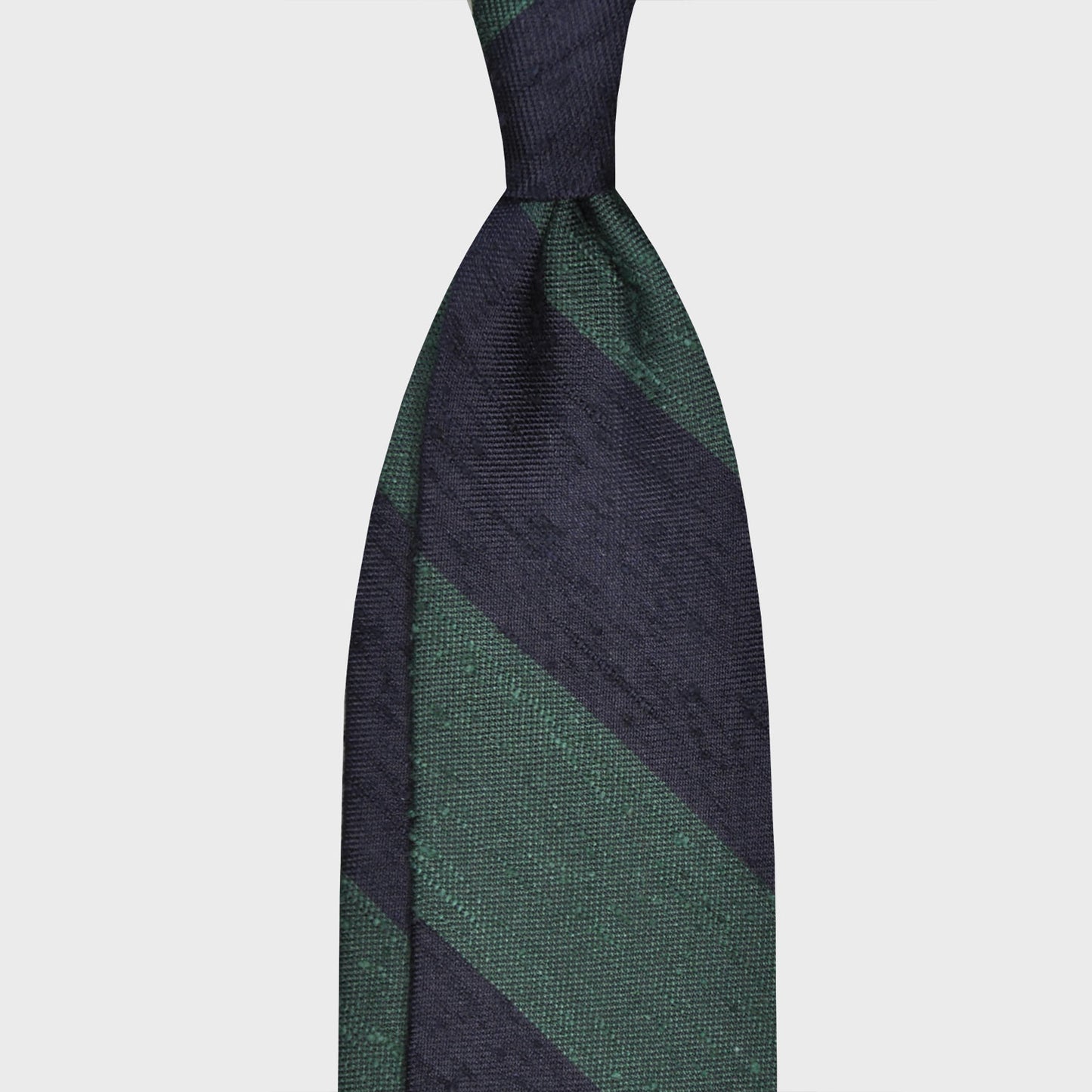 Green Shantung Silk Tie Regimental Wide Striped. Formal shantung tie with wide striped navy blue and pine green, ideal for refined outfits four seasons, handmade in Italy by F.Marino exclusive for Wools Boutique Uomo, unlined tie 3 folds with hand rolled edge.