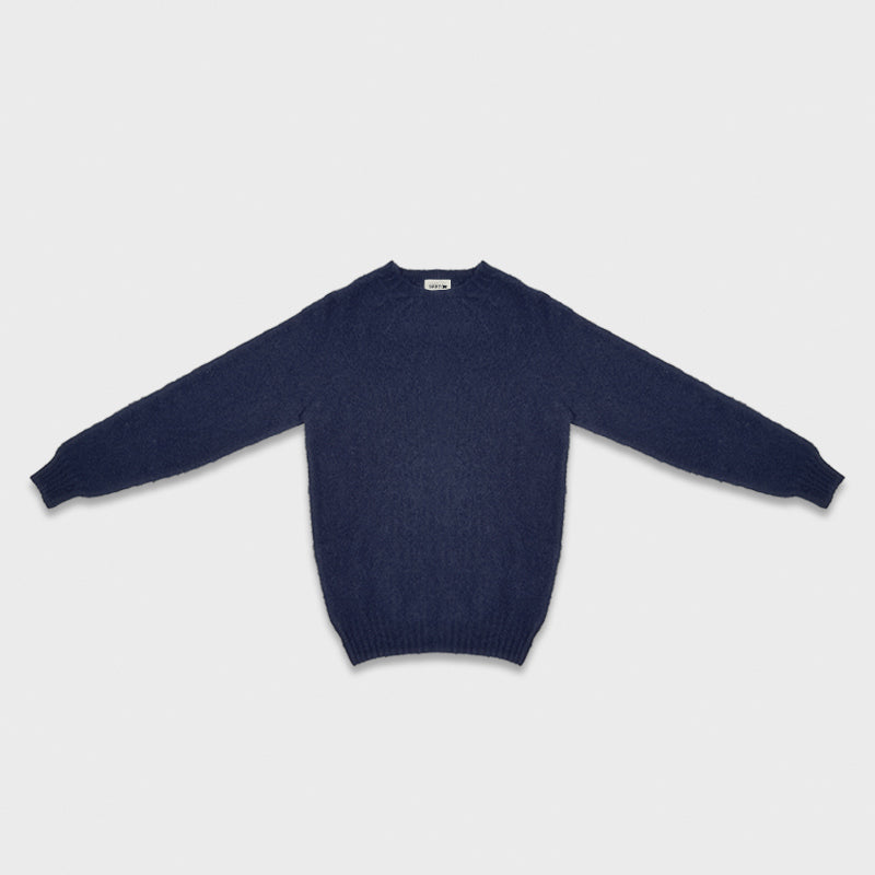 Navy Blue Shetland Wool Crewneck Sweater Geneva