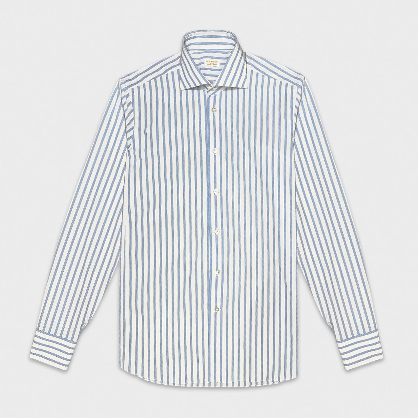 Sky blue classic striped shirt, handmade by Borriello Napoli exclusive for Wools Boutique Uomo with a refined yarn-dyed fabric in 100% popeline cotton, easy to match with many classic ties and jackets, timeless shirt for the office and for more formal occasions.