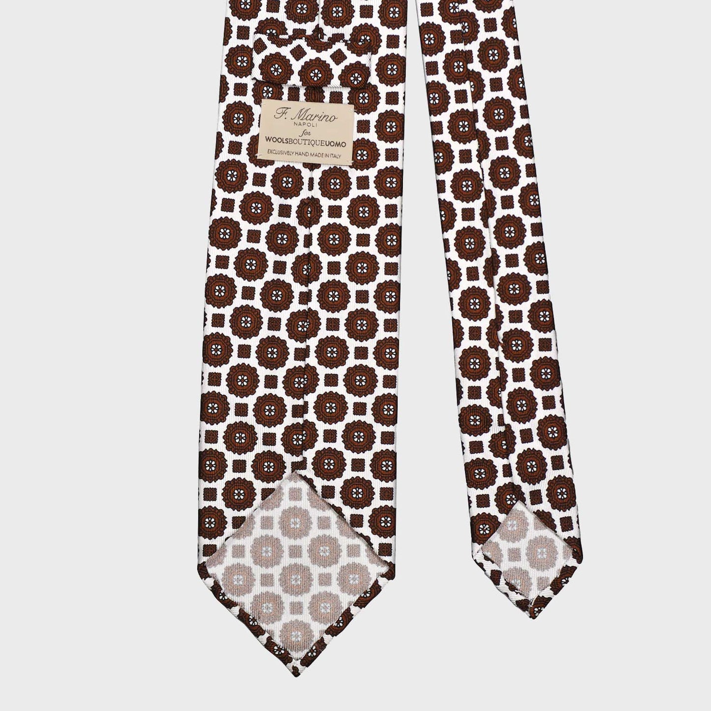 F.Marino Silk Tie 3 Folds Medallions White-Wools Boutique Uomo