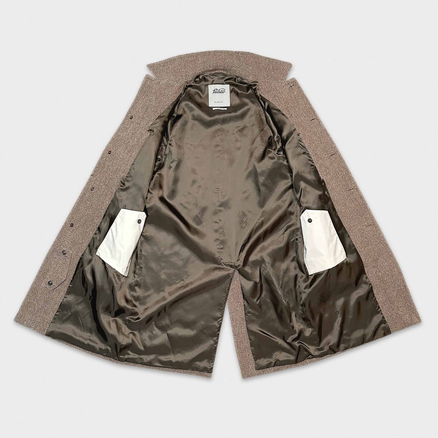 Wool coat Valstar, refined pattern broken tobacco brown tones colors, comfortable fit ideal to wear up classic suit or in casual time, valstar wool coat geneva