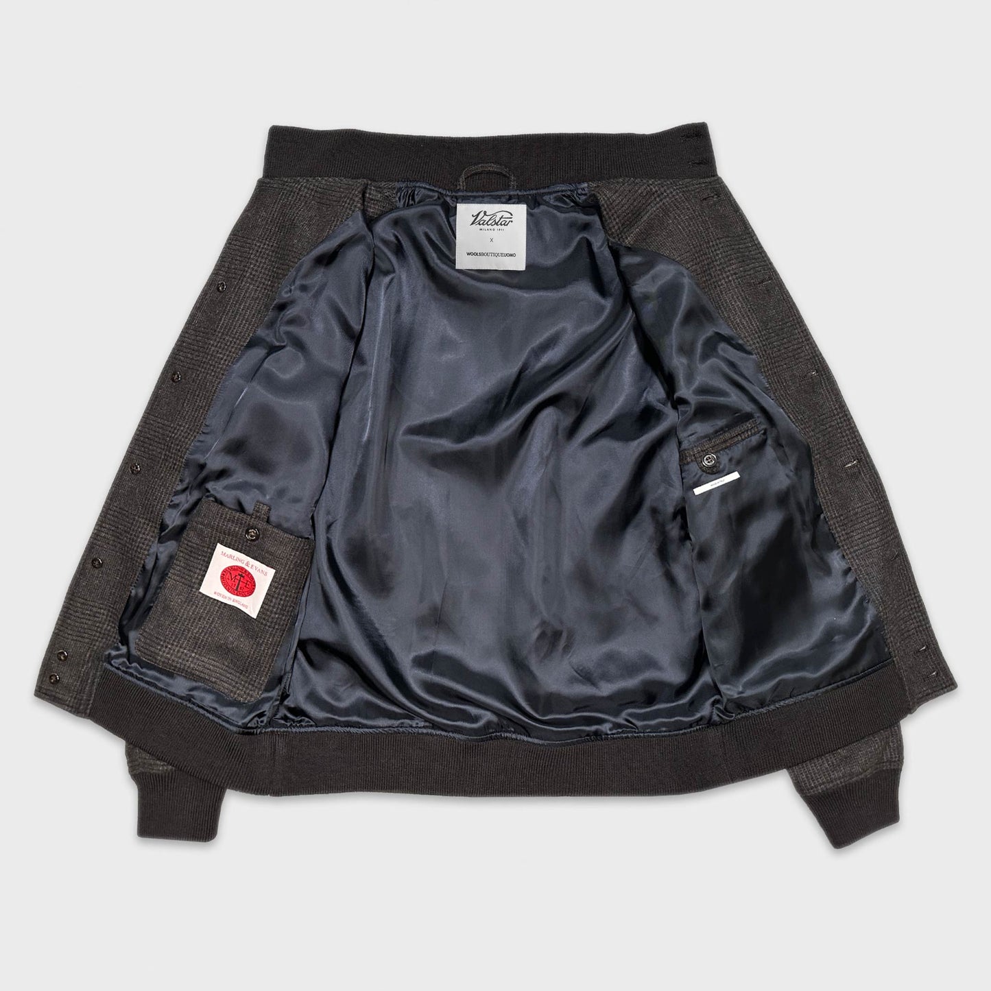 Shop now in Geneva the men's prince of wales bomber jacket Valstarino made in Italy by Valstar Milano 1911 with flannel wool fabric Marling & Evans